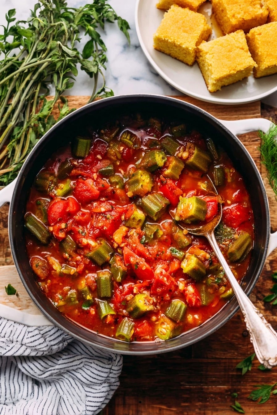 The image shows a round black pot filled with a thick stew made of red tomatoes and bright green okra pieces, with bits of onion and spices visible in the red broth. The stew has a varied texture with chunky seeds and soft vegetables. A silver spoon is dipping into the stew from the right side. The pot sits on a wooden surface with sprigs of green herbs nearby, a white striped cloth on the left, and a white plate holding golden square cornbread pieces to the upper right. The background surface is a white marbled texture. Photo taken with an iphone --ar 2:3 --v 7 - Stewed Okra and Tomatoes with Bacon and Thyme, Okra and Tomato Side Dish, Southern Okra Tomatoes Bacon, Easy Okra and Tomato Recipe, Comfort Food with Bacon