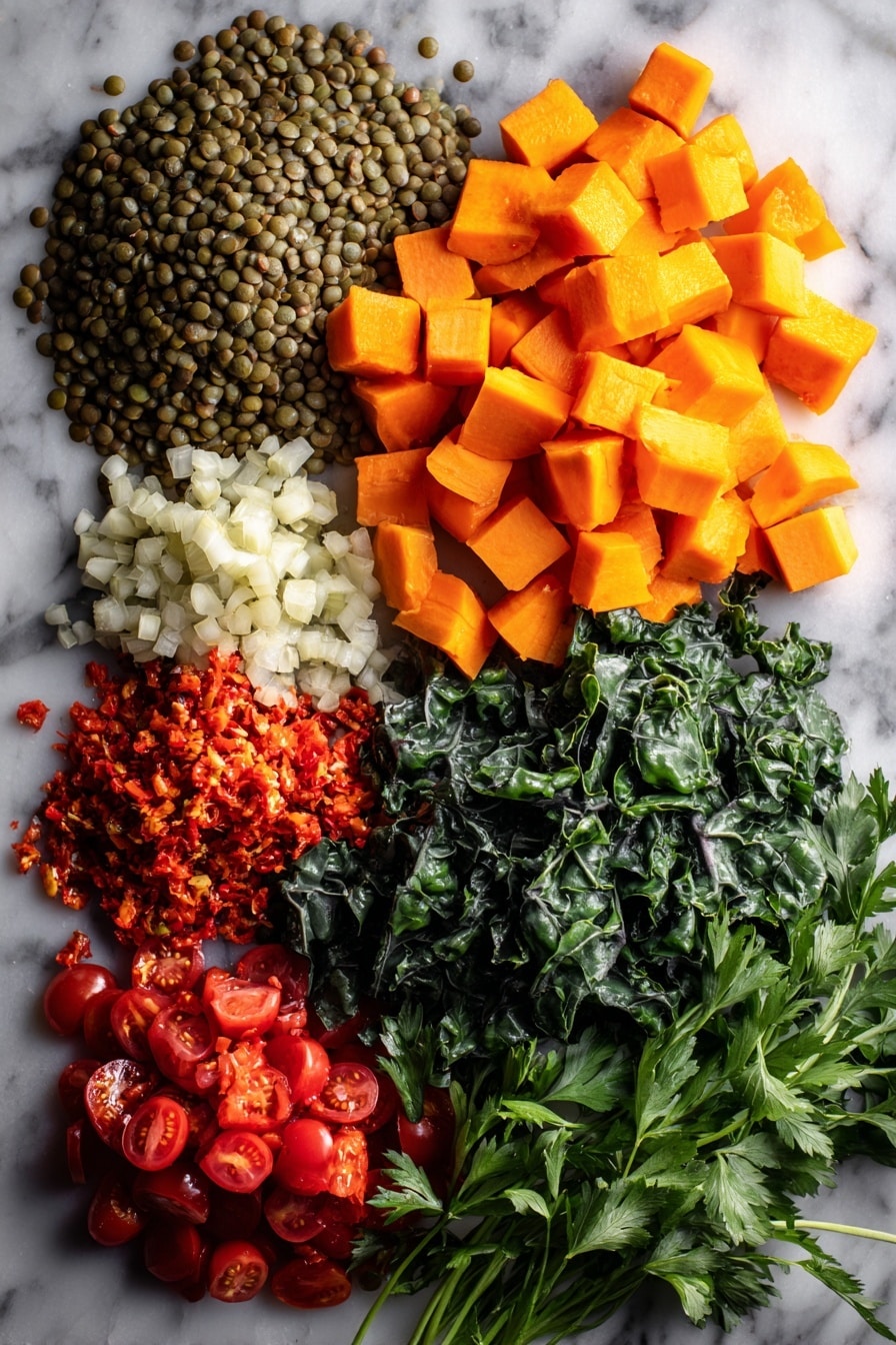 Flat lay of green lentils soaked with lemon juice, diced butternut squash, bright orange carrot cubes, deep green cavolo nero leaves, quartered red cherry tomatoes, finely chopped red chilli, fresh garlic cloves, sprigs of flat-leaf parsley and coriander with stalks, all beautifully arranged and vibrantly colored, placed on a white marble surface, photo taken with an iphone --ar 2:3 --v 7 - Lamb, Lentil, and Butternut Squash Stew with Spiced Herbs, hearty lamb stew, nourishing lentil and squash recipe, comforting winter stew, spiced herb lamb dish