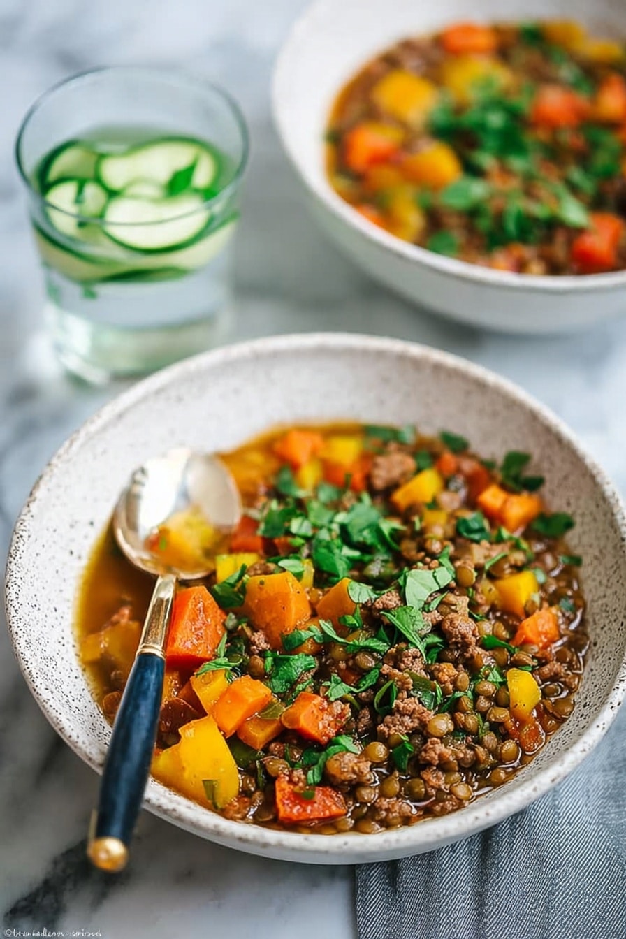 This image shows a white speckled bowl filled with a hearty stew. The stew has several layers including a base layer of brown lentils and small ground meat pieces mixed with orange and yellow chunks of vegetables like carrots and squash. On top, there are fresh green chopped herbs scattered all over, adding a bright color contrast. A spoon with a dark handle and gold accent rests inside the bowl. In the blurred background, another white bowl with a similar stew and two clear glasses filled with water and cucumber slices sit on a white marbled surface. The photo taken with an iphone --ar 2:3 --v 7 - Lamb, Lentil, and Butternut Squash Stew with Spiced Herbs, hearty lamb stew, nourishing lentil and squash recipe, comforting winter stew, spiced herb lamb dish