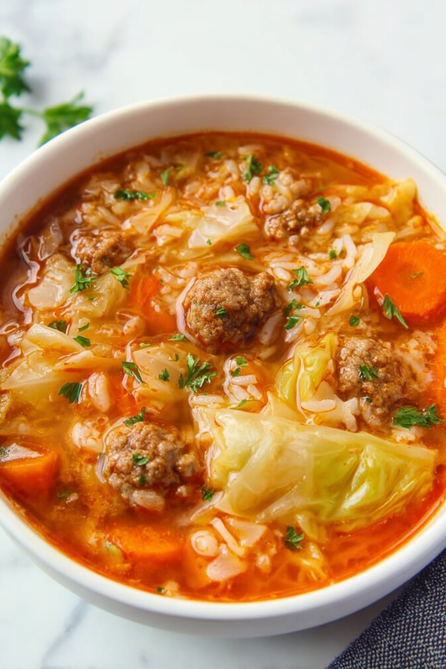The image shows a round white pot filled with a thick stew made of multiple layers. The bottom layer is a rich, red-orange tomato broth with a glossy texture, swirling around pieces of light brown cooked ground meat. Mixed in are chopped light green cabbage leaves and soft pieces of orange carrot, creating a varied texture and color contrast. Small sprigs of bright green parsley are sprinkled on top for garnish. The pot rests on a white marbled surface with some fresh parsley sprigs nearby and a blue striped cloth partially visible in the top left corner. photo taken with an iphone --ar 2:3 --v 7 - Cabbage Roll Soup, hearty cabbage roll soup, easy cabbage roll soup recipe, comforting cabbage soup, paleo cabbage roll soup