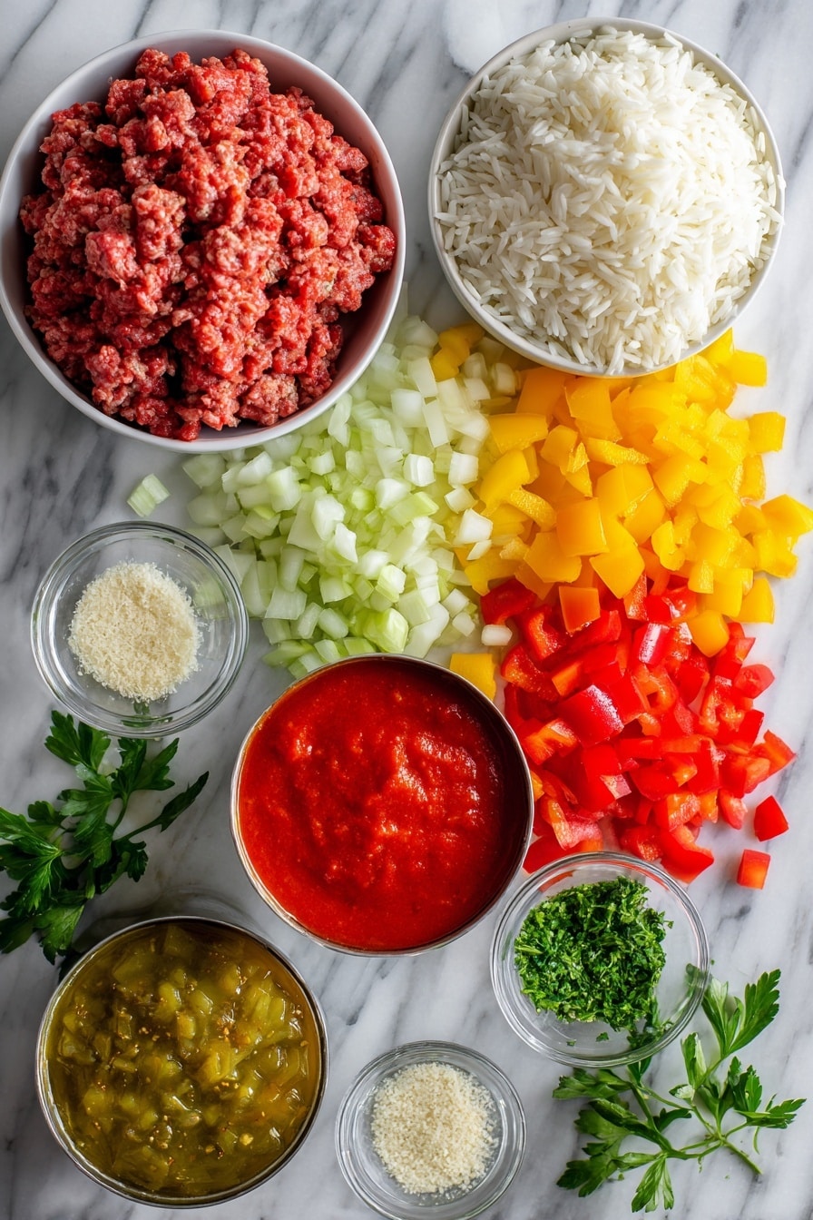 Flat lay of vibrant red, yellow, and green diced bell peppers, a pile of diced white onion, raw ground beef formed into a loose mound, fluffy cooked white rice, a bright can of petite diced tomatoes, a rich can of smooth tomato sauce, fresh green parsley sprigs, and a small heap of granulated garlic powder, all beautifully arranged with contrasting colors and textures, placed on a white marble surface, photo taken with an iphone --ar 2:3 --v 7 - Slow Cooker Stuffed Pepper Soup, stuffed pepper soup, hearty stuffed pepper recipe, easy slow cooker soup, family-friendly dinner recipes