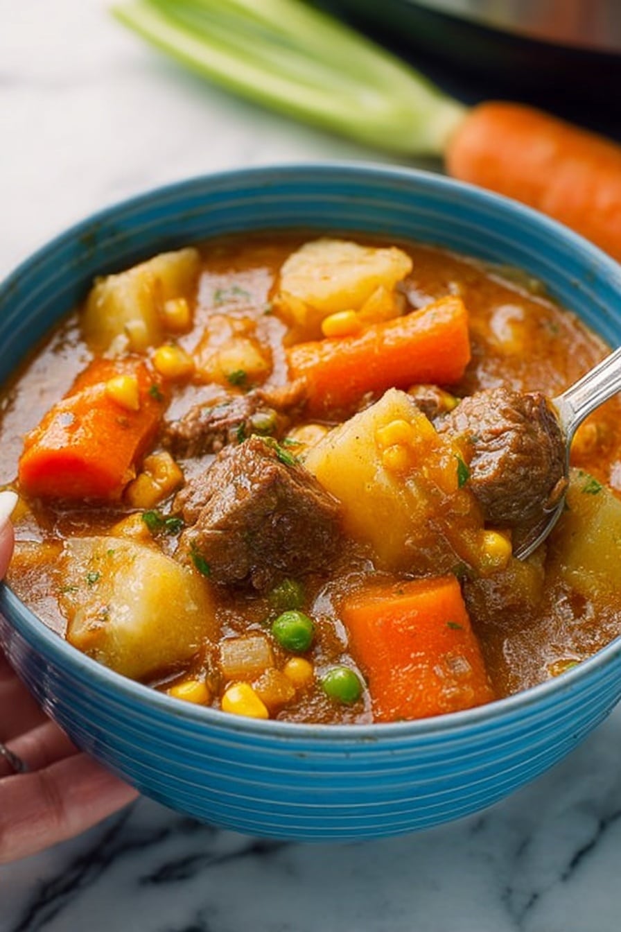 A close-up of a blue bowl filled with thick stew sitting on a white marbled surface. The stew has several layers including large orange carrot slices, light yellow potato chunks, green peas, yellow corn kernels, and chunks of browned beef, all mixed in a rich brown broth. A silver spoon rests inside the bowl, held by a woman's hand, with the stew slightly overflowing near the spoon. The background shows a blurry vegetable and a pan. Photo taken with an iphone --ar 2:3 --v 7 - Pressure Cooker Beef Stew, Instant Pot Beef Stew, Quick Beef Stew Recipe, Easy Beef Stew, Hearty Beef Stew