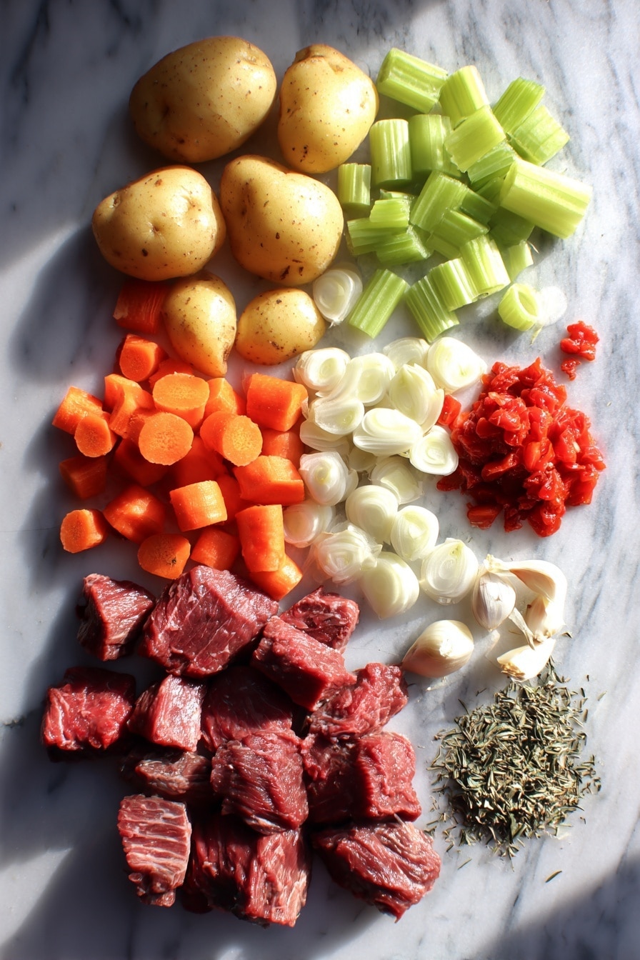 Flat lay of tender venison stew meat chunks, quartered baby gold potatoes, diced bright orange carrots, fresh green celery stalks, chopped white onion pieces, peeled garlic cloves, a small pile of mixed dried Herbs de Provence, and a handful of drained diced red tomatoes, all carefully arranged in an appealing pattern with natural lighting highlighting the fresh textures, placed on a white marble surface, photo taken with an iphone --ar 2:3 --v 7 - Slow Cooker Venison Stew, hearty venison stew, easy venison recipes, comfort food dishes, thick venison stew