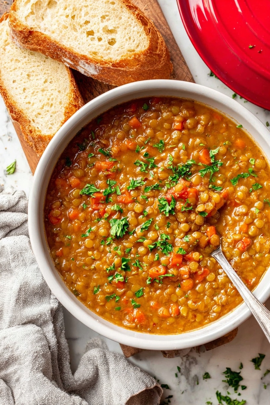 A white round bowl filled with thick lentil soup that has a brownish-orange color with small pieces of orange carrots and green herbs mixed in. The soup is topped with fresh green parsley leaves scattered on top. A silver spoon is partly dipped in the soup on the right side of the bowl. Next to the bowl, on a white marbled surface, there are two thick slices of crusty bread with a golden brown crust and soft inside. A light gray cloth is loosely placed near the bread, and a red pot lid is partially visible at the top right corner. Photo taken with an iphone --ar 2:3 --v 7 - Slow Cooker Lentil Soup, hearty lentil soups, easy lentil recipes, healthy slow cooker meals, comforting vegetarian soups