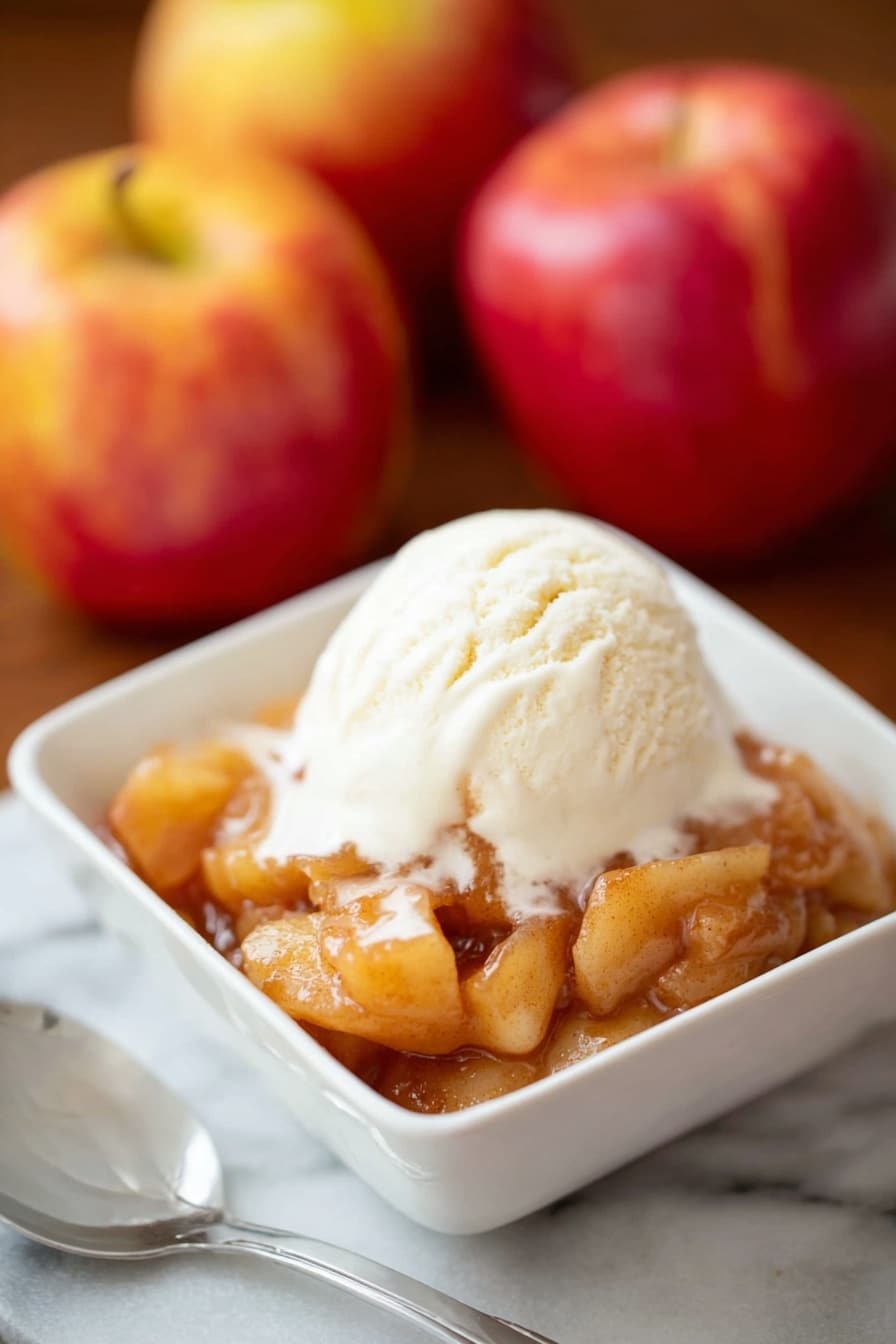 A white square bowl holds two layers: the bottom layer is chunky apple dessert with soft, shiny, light brown cooked apples, and the top layer is a round scoop of smooth, creamy vanilla ice cream that is melting slightly on the warm apples. The bowl sits on a white marbled surface with three red and yellow apples blurred in the background. A silver spoon is placed next to the bowl. Photo taken with an iphone --ar 2:3 --v 7 - Apple Brown Betty, Apple Brown Betty dessert, fall dessert recipes, easy apple crumble, cozy apple dessert