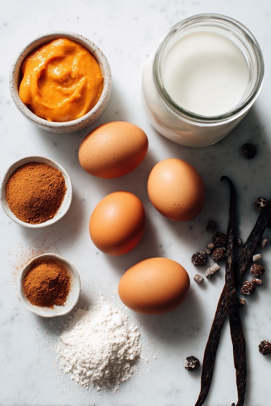 Flat lay of bright orange pumpkin puree dollops, glossy dark brown sugar crystals, smooth whole eggs with light brown shells, a small heap of warm cinnamon powder, a pinch of nutmeg in a tiny pile, a glass jar of creamy whole milk, and a vanilla bean pod arranged beautifully on a white marble surface, photo taken with an iphone --ar 2:3 --v 7 - Creamy Pumpkin Egg Custard, pumpkin custard dessert, easy pumpkin custard, pumpkin spice custard, homemade pumpkin custard