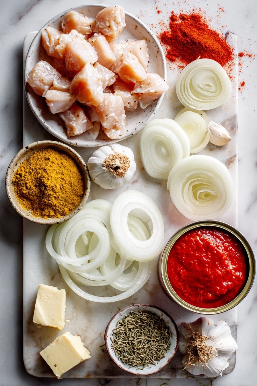 Flat lay of boneless chicken breast cubes, a small mound of tandoori masala powder, fresh ginger root, garlic cloves, thick yogurt, golden ghee blocks, thinly sliced white onion rings, a can of crushed tomatoes spilling some vibrant red sauce, and dried fenugreek leaves sprinkled delicately, all beautifully arranged on a white marble surface, photo taken with an iphone --ar 2:3 --v 7 - Finger Lickin' Butter Chicken Murgh Makhani, easy Indian butter chicken recipe, homemade butter chicken, authentic Indian chicken curry, creamy butter chicken at home