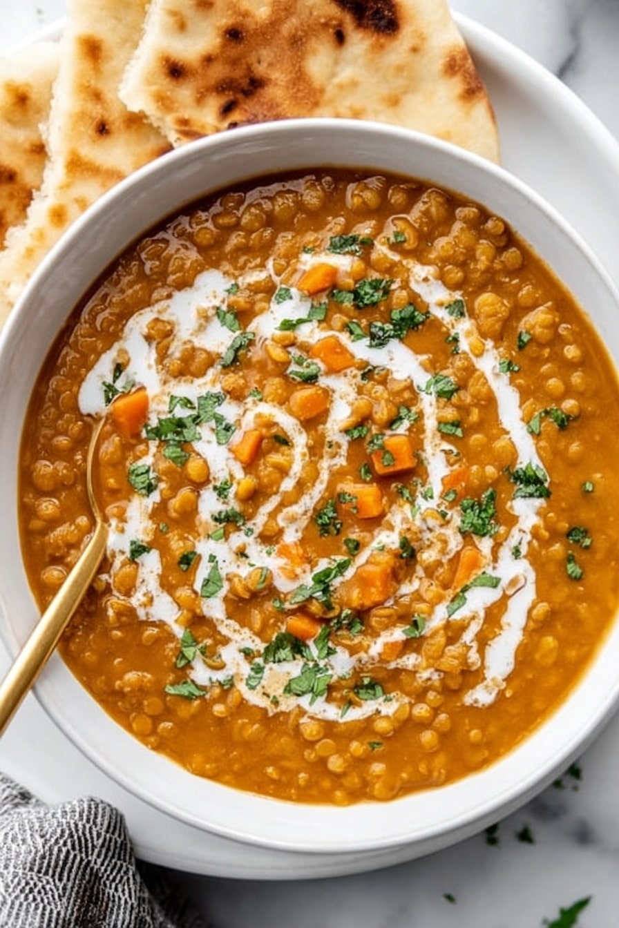 A white bowl filled with thick, orange-brown lentil soup topped with swirls of white cream and chopped green herbs scattered over the surface. There are visible pieces of orange carrot and lentils in the soup, creating a textured, hearty look. A gold spoon is placed inside the bowl on the left side, and two pieces of flatbread rest behind the bowl on a white plate, all set on a white marbled surface. photo taken with an iphone --ar 2:3 --v 7 - Vegan Curried Pumpkin Lentil Soup, vegan pumpkin lentil soup, healthy vegan soup recipes, easy plant-based lentil soup, comforting fall vegan soup