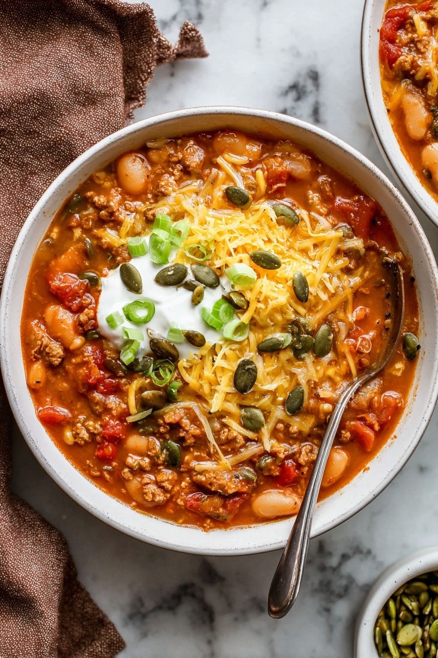The image shows a white bowl filled with thick chili soup made of orange and red tomato pieces, white beans, and ground meat chunks in a rich, red-orange sauce. On the top, there is a creamy white layer of sour cream, sprinkled with shredded yellow cheese, bright green sliced scallions, and dark green pumpkin seeds scattered across. A silver spoon is placed inside the bowl on the right side. The bowl sits on a white marbled surface with a brown cloth napkin in the lower-left corner and a small white bowl with green pumpkin seeds in the bottom right corner. Photo taken with an iphone --ar 2:3 --v 7 - Turkey Pumpkin Chili, turkey pumpkin chili recipe, healthy pumpkin chili, cozy fall chili, white beans pumpkin chili