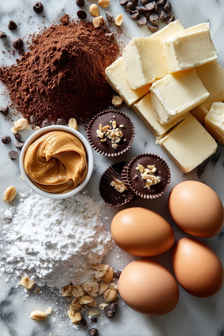 Flat lay of rich unsweetened cocoa powder, smooth peanut butter spread in a small dollop, glossy semi-sweet chocolate chips, halved miniature Reece’s Peanut Butter Cups showing their creamy centers, finely chopped salted peanuts scattered lightly, softened unsalted butter blocks, fluffy white powdered sugar dusted gently around, and whole large brown eggs, all beautifully arranged with natural shadows, placed on a white marble surface, photo taken with an iphone --ar 2:3 --v 7 - Chocolate Peanut Butter Cake for a Crowd, crowd-pleasing chocolate peanut butter cake, easy large party cake, moist chocolate peanut butter dessert, party-sized chocolate cake