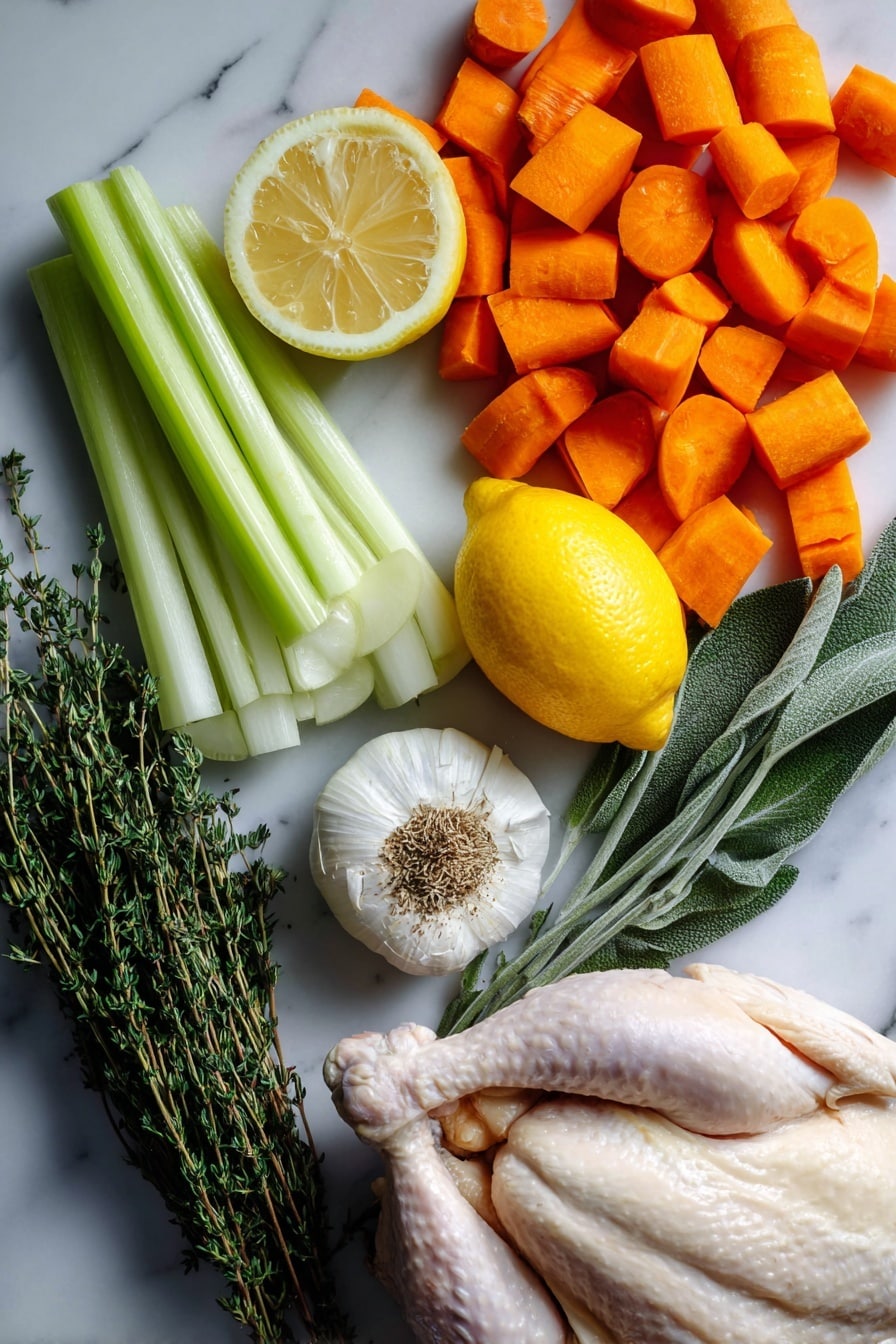 Flat lay of vibrant carrot chunks, crisp celery stalks, wedges of white onion, half a bright yellow lemon, a bulb of garlic with a few cloves separated, fresh sprigs of sage, thyme, and rosemary, and a small pile of dried marjoram, all beautifully arranged on a white marble surface, photo taken with an iphone --ar 2:3 --v 7 - Slow Roasted Herb-Infused Whole Chicken, herb roasted chicken recipe, juicy roasted chicken, easy slow roast chicken, flavorful whole chicken