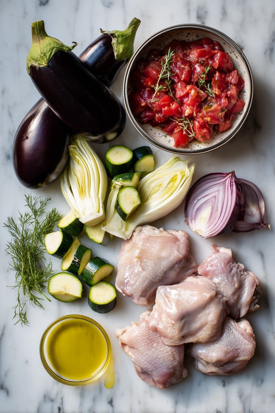 Flat lay of glossy aubergine chunks, vibrant green courgette pieces, pale fennel wedges with feathery fronds, sliced deep red onion rings, plump raw chicken thighs with skin on, two peeled garlic cloves, a glossy tin of rich chopped tomatoes with a few fresh oregano sprigs, and a small pool of golden olive oil artfully drizzled nearby, all arranged on a white marble surface, photo taken with an iphone --ar 2:3 --v 7 - Mediterranean Chicken Stew, chicken stew recipes, hearty Mediterranean dinner, easy chicken stew, flavorful chicken stew