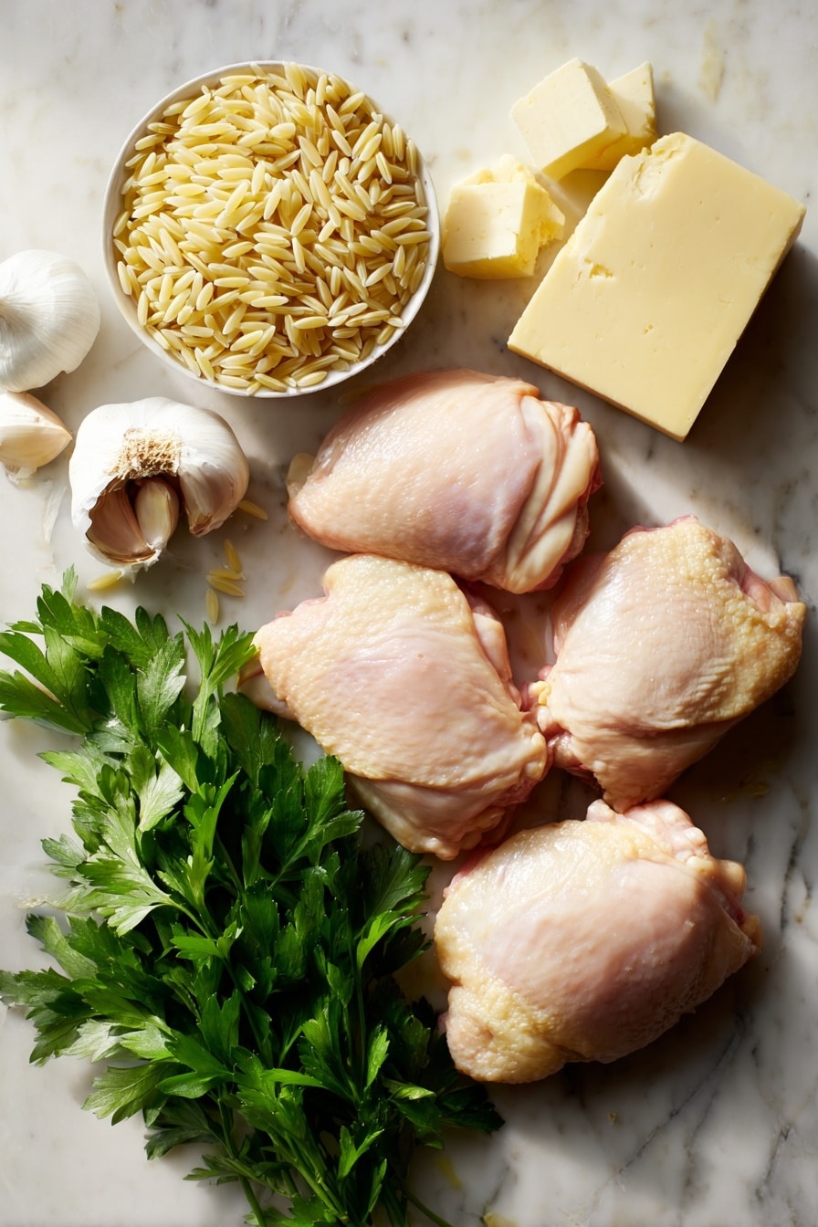 Flat lay of golden boneless chicken thighs, small uncooked orzo pasta, peeled garlic cloves, chunks of unsalted butter, fresh bright green parsley leaves, and shavings of creamy parmesan cheese, all beautifully arranged with rustic textures and warm natural light, placed on a white marble surface, photo taken with an iphone --ar 2:3 --v 7 - One Pot Garlic Butter Chicken and Orzo, easy one pot chicken dinner, garlic butter chicken thighs, orzo pasta recipes, quick weeknight chicken meal