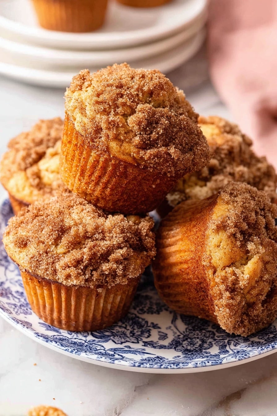A group of crumb-topped muffins sits stacked on a white plate with blue patterns, showing uneven, golden-brown textured crumb layers on top that look crunchy and thick; the muffins themselves are a warm brown color with a slightly rough surface, and one muffin stands upright while others lean against each other, all resting on a white marbled surface with a blurred white plate and pink cloth nearby in the background. photo taken with an iphone --ar 2:3 --v 7 - Apple Muffins, apple muffins recipe, moist apple muffins, cinnamon apple muffins, easy breakfast muffins