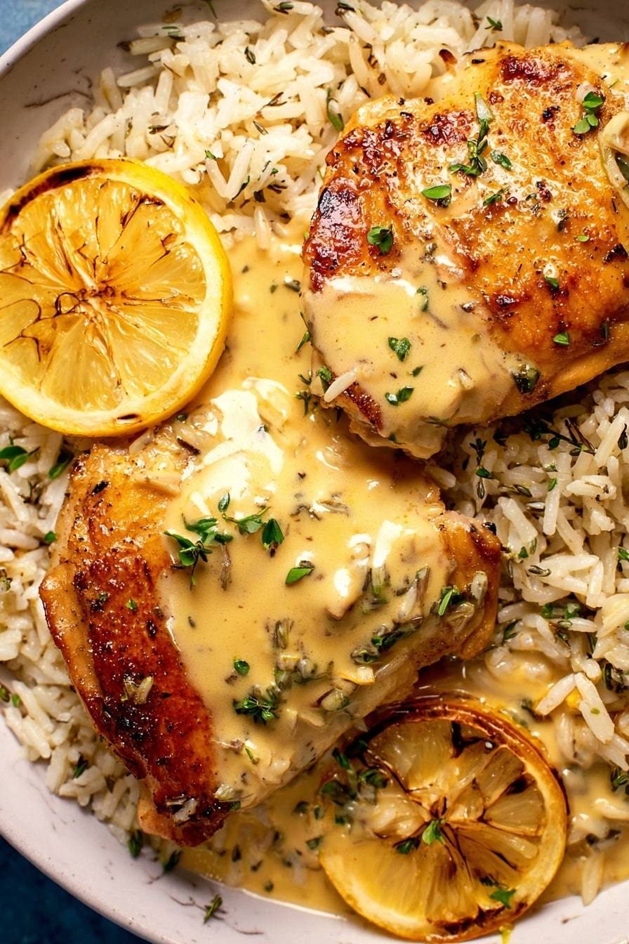 The image shows two golden brown cooked chicken pieces on top of a bed of mixed white and wild rice. One chicken piece is partially covered by a creamy light yellow sauce with small bits of onion and fresh green herbs scattered on top. Two lemon slices with slightly charred edges rest on the rice beside the chicken. The dish is placed on a white plate sitting on a white marbled surface. The texture of the rice is fluffy with some grains visible around the edges, and the chicken skin looks crispy with a slight shine. photo taken with an iphone --ar 2:3 --v 7 - Slow Cooker Creamy Lemon Herb Chicken, healthy slow cooker chicken recipes, easy lemon chicken dinner, comforting chicken skillet, flavorful slow cooker chicken