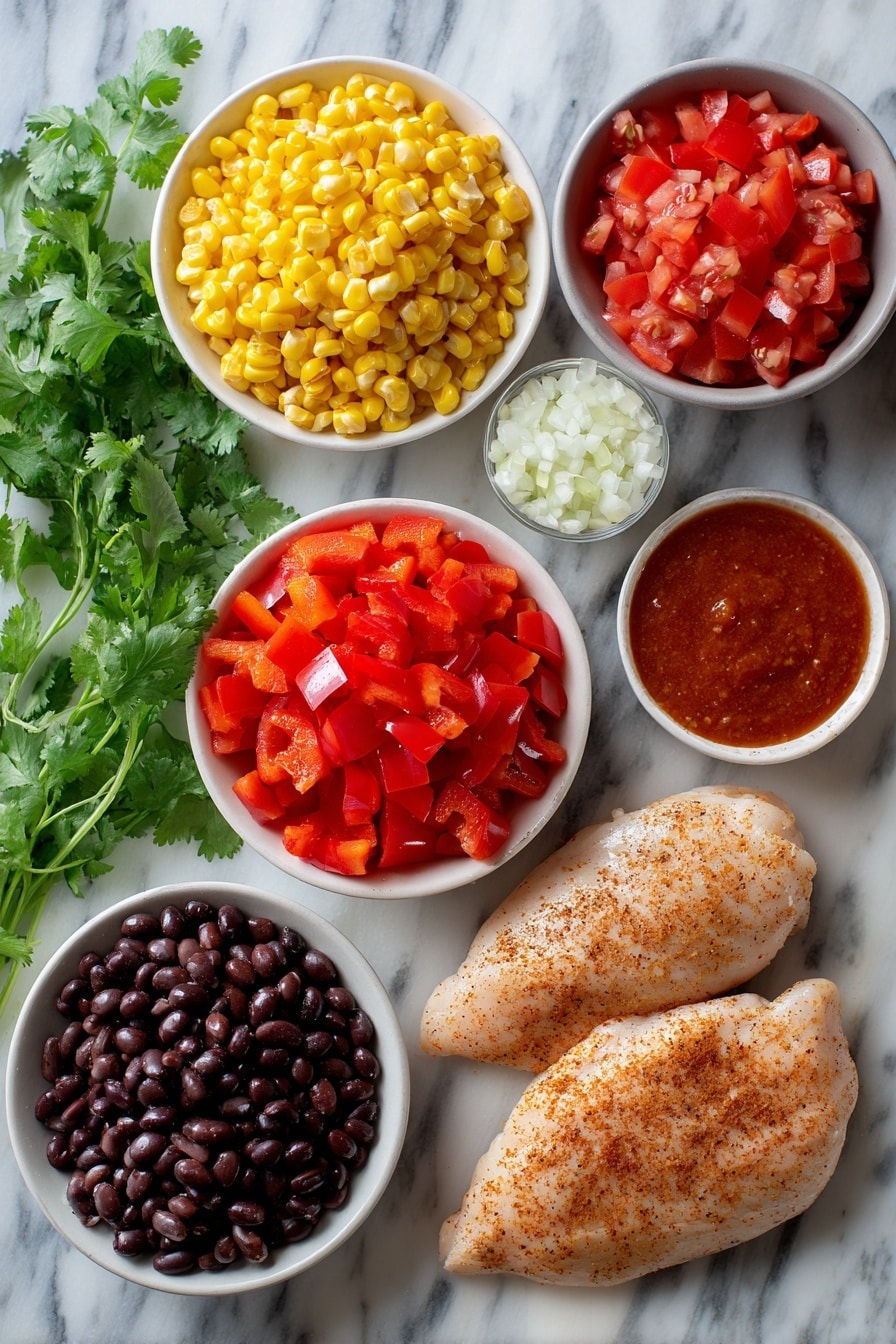 Flat lay of boneless skinless chicken breasts seasoned with chili powder and cumin, vibrant red bell pepper finely diced, bright yellow frozen corn kernels, glossy black beans, diced red tomatoes, a small bowl of deep red enchilada sauce, and a handful of finely diced white onion, all beautifully arranged with fresh green cilantro leaves scattered around, placed on a white marble surface, photo taken with an iphone --ar 2:3 --v 7 - Slow Cooker Chicken Enchilada Soup, Easy Chicken Enchilada Soup Recipe, Cheesy Chicken Soup, Hearty Mexican Soup, Low Effort Dinner Idea