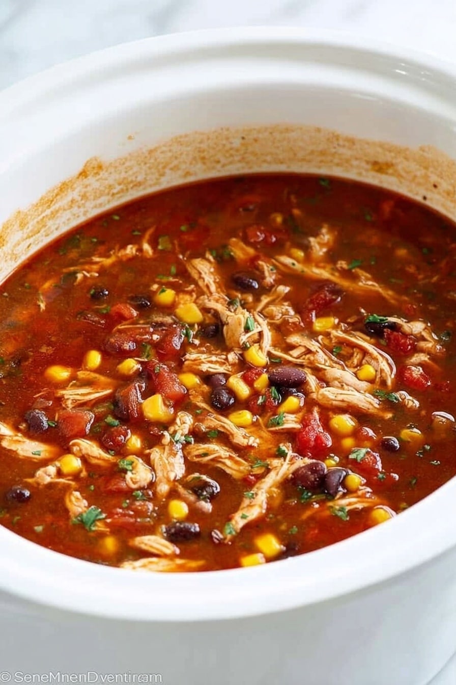 A white slow cooker filled with a thick, red-brown soup that has visible layers of shredded light brown chicken, yellow corn kernels, black beans, and small pieces of red tomato. The soup looks hearty and stew-like with specks of green herbs floating on top, all sitting on a white marbled surface. The inside rim of the slow cooker is slightly stained with the soup’s color, adding to the homemade feel. Photo taken with an iphone --ar 2:3 --v 7 - Slow Cooker Chicken Enchilada Soup, Easy Chicken Enchilada Soup Recipe, Cheesy Chicken Soup, Hearty Mexican Soup, Low Effort Dinner Idea