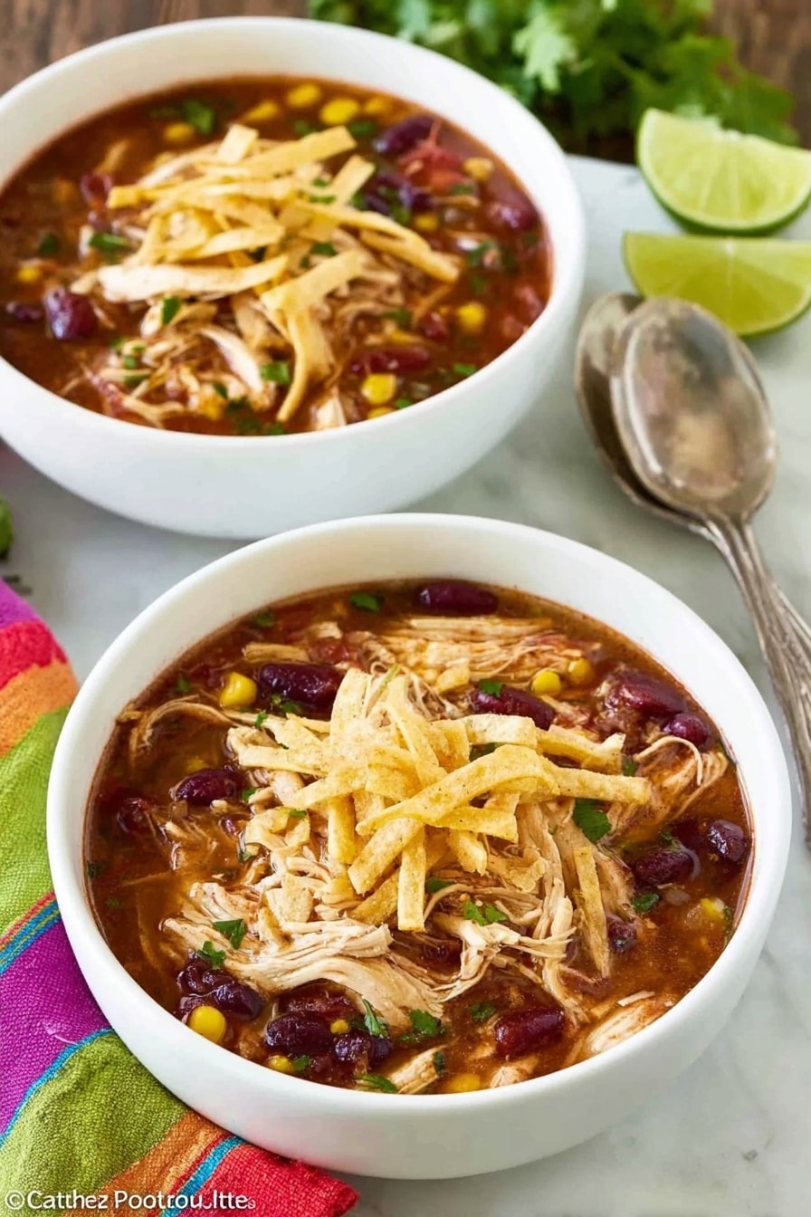 Two white bowls filled with a rich, thick soup layered with shredded light brown chicken pieces on top. The soup base is dark reddish-brown with mixed textures of yellow corn, dark red kidney beans, and small green herbs scattered throughout. On top of each bowl is a layer of light golden crispy strips, adding a crunchy texture. The bowls sit on a white marbled surface with a partially visible colorful striped cloth and two silver spoons next to one bowl. To the side, there are slices of bright green lime and some fresh green herbs nearby. photo taken with an iphone --ar 2:3 --v 7 - Slow Cooker Chicken Enchilada Soup, Easy Chicken Enchilada Soup Recipe, Cheesy Chicken Soup, Hearty Mexican Soup, Low Effort Dinner Idea