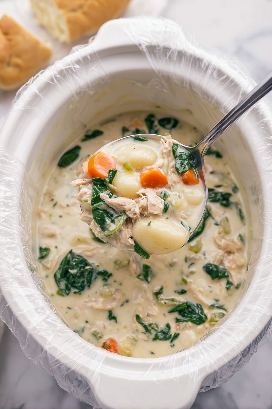 A white slow cooker bowl lined with a clear plastic liner holds a creamy soup filled with chunks of white beans, orange carrot pieces, green leafy vegetables, and shredded white meat, all in a thick white creamy broth. A metal spoon scoops some soup from the bowl, showing a mix of ingredients clearly with soft textures and mild colors. To the side, slices of golden brown bread rest on a white marbled surface along with a blue and white striped cloth. A box of Reynolds Kitchens Slow Cooker Liners is partially visible near the top left corner. photo taken with an iphone --ar 2:3 --v 7 - Slow Cooker Chicken Gnocchi Soup, chicken gnocchi soup, creamy chicken gnocchi stew, easy slow cooker soup, hearty chicken and gnocchi soup