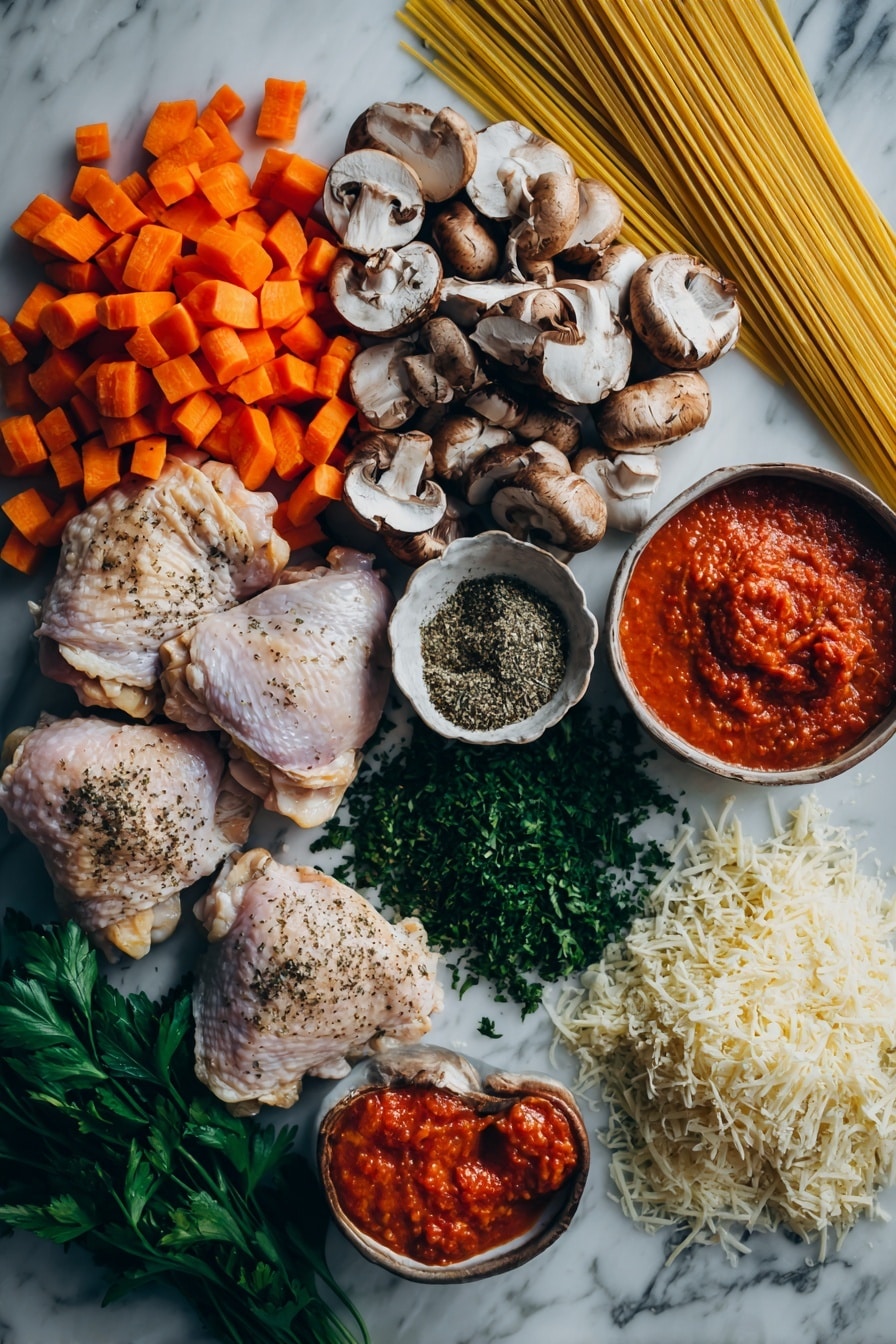 Flat lay of fresh chicken thighs with skin removed, bright orange diced carrot, quartered cremini mushrooms, a heap of chopped Italian parsley, a rich swirl of San Marzano crushed tomatoes, a spoonful of bright red tomato paste, sprigs of dried oregano and basil, and a small pile of shredded Parmesan cheese, all beautifully arranged on a white marble surface, photo taken with an iphone --ar 2:3 --v 7 - Slow Cooker Chicken Cacciatore, Chicken Cacciatore recipe, Italian chicken stew, easy slow cooker chicken, comforting chicken dinner