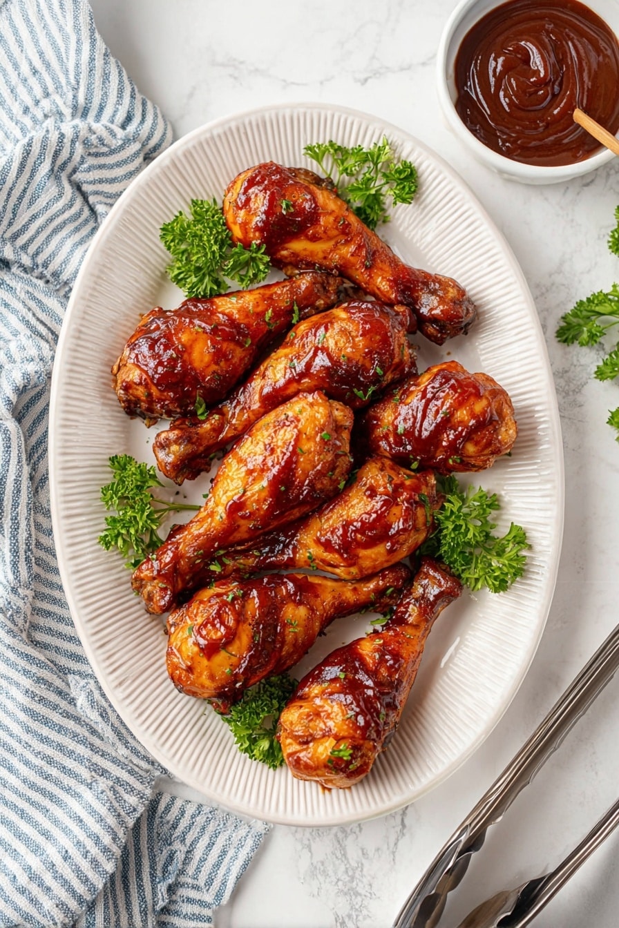 A white plate with raised ridges holds nine shiny, brown glazed chicken drumsticks arranged in three rows, each drumstick showing a sticky, glazed texture. Bright green parsley leaves are placed between the drumsticks for color contrast. To the right of the plate is a small white bowl filled with thick, dark reddish-brown dipping sauce, with some sauce swirls visible. The plate sits on a white marbled surface with a blue-and-white striped cloth in the lower left corner and two metal serving tongs on the right. photo taken with an iphone --ar 2:3 --v 7 - Incredible Slow Cooker Drumsticks, easy chicken drumsticks recipe, 4-ingredient slow cooker chicken, juicy slow cooker chicken thighs, simple BBQ drumsticks