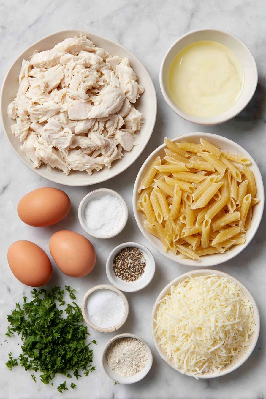 Flat lay of a few boneless skinless chicken breasts cooked and shredded, a small mound of uncooked penne pasta, a small white bowl filled with creamy Alfredo sauce, a small white bowl of water, a small white bowl with minced garlic, two whole brown eggs with clean shells, a small white bowl of salt, a small white bowl of cracked black pepper, a generous pile of shredded mozzarella cheese, a smaller pile of grated parmesan cheese, and a few fresh sprigs of chopped parsley, all arranged symmetrically in simple white ceramic bowls and plates, placed on a clean white marble surface, soft natural light, photo taken with an iPhone, professional food photography style, fresh ingredients, white ceramic bowls, no bottles, no duplicates, no utensils, no packaging --ar 2:3 --v 7 --p awthu7i m7354615311229779997 - Crock Pot Chicken Alfredo Casserole, easy chicken Alfredo slow cooker, creamy chicken pasta bake, casserole recipes with chicken, make-ahead Alfredo dinner