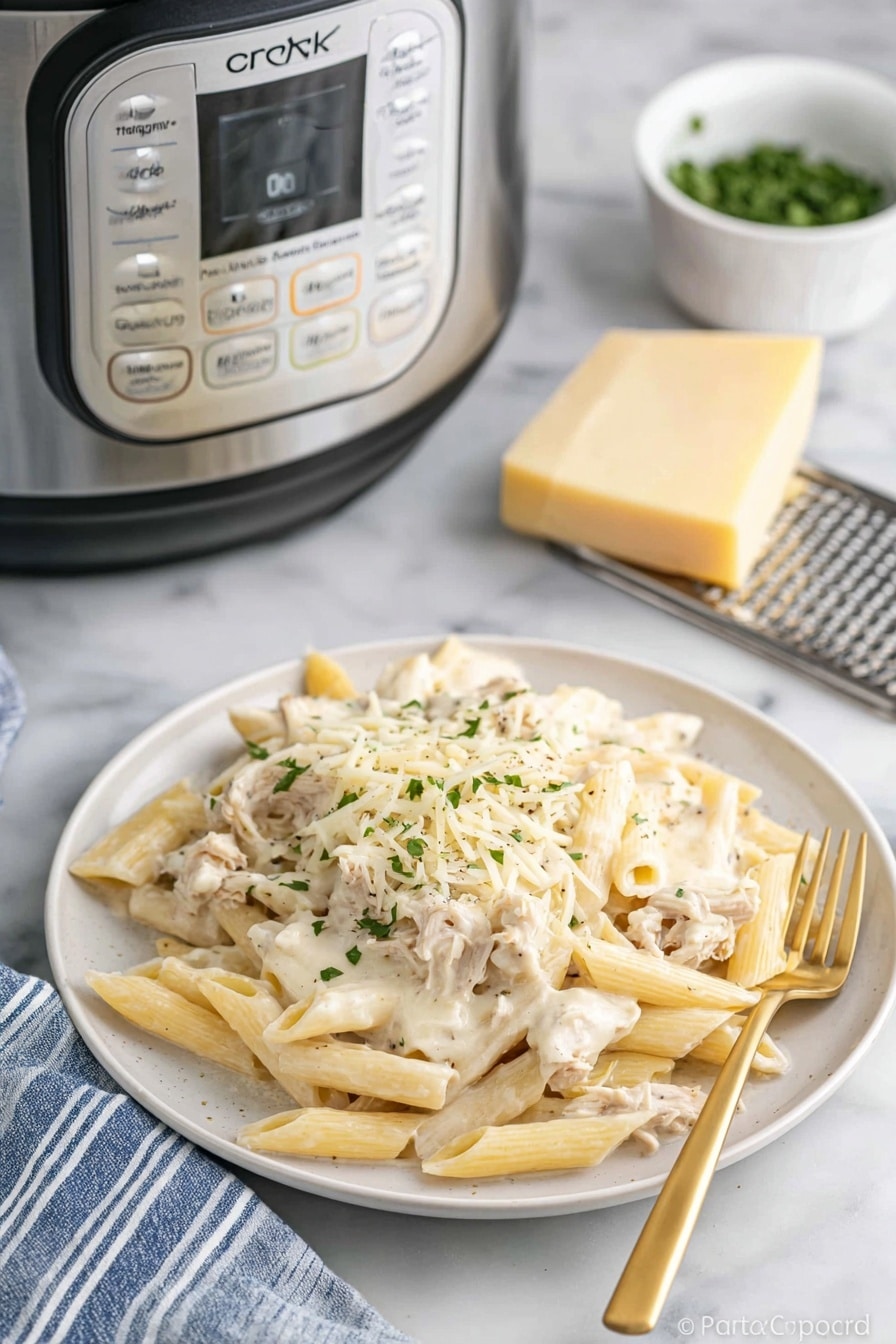 A white plate holds one layer of light beige cooked penne pasta, topped with a thick layer of creamy white sauce mixed with shredded white meat and some small black specks, likely black pepper. The top layer consists of melted pale yellow cheese sprinkled with small green herb leaves. The plate sits on a white marbled surface next to a gold fork. Behind the plate, there is a stainless steel slow cooker with a digital display, a small white bowl with green herbs, and a small metal grater holding a block of pale yellow cheese. A folded blue and white striped cloth is on the left side. Photo taken with an iphone --ar 2:3 --v 7 - Crock Pot Chicken Alfredo Casserole, easy chicken Alfredo slow cooker, creamy chicken pasta bake, casserole recipes with chicken, make-ahead Alfredo dinner