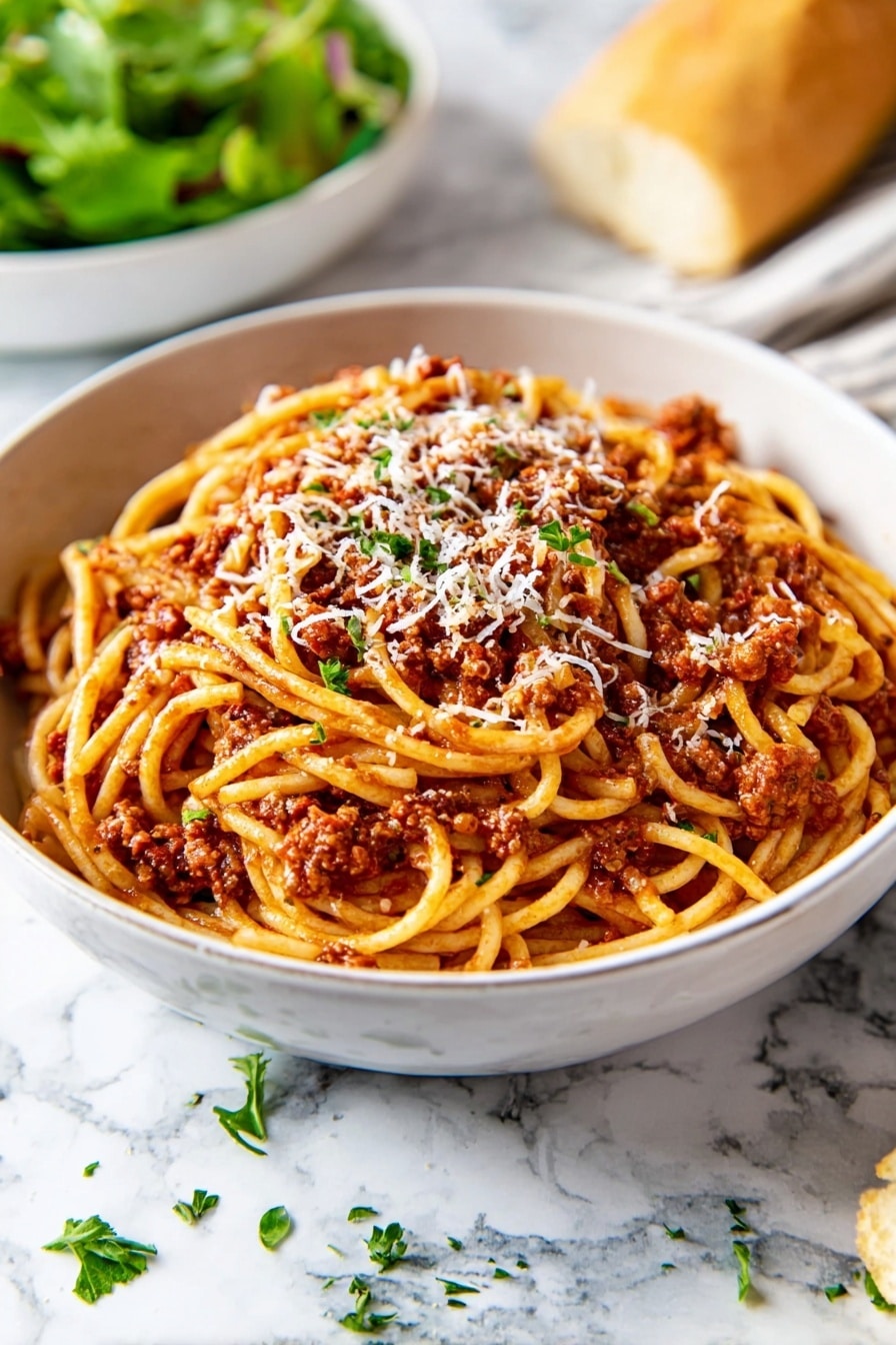 A white bowl filled with spaghetti covered in a rich, reddish-brown meat sauce. The spaghetti noodles are twisted around a silver fork held by a woman's hand above the bowl, showing the sauce and bits of meat clinging to the strands. Some grated cheese is sprinkled lightly over the top. In the blurry background, there is a piece of bread and a small bowl with green herbs on a white marbled surface. The overall scene is brightly lit and focuses closely on the forkful of spaghetti photo taken with an iphone --ar 2:3 --v 7 - Slow Cooker Bolognese Sauce, hearty slow cooker Bolognese, easy slow cooker pasta sauce, flavorful beef Bolognese, beginner-friendly slow cooker sauce