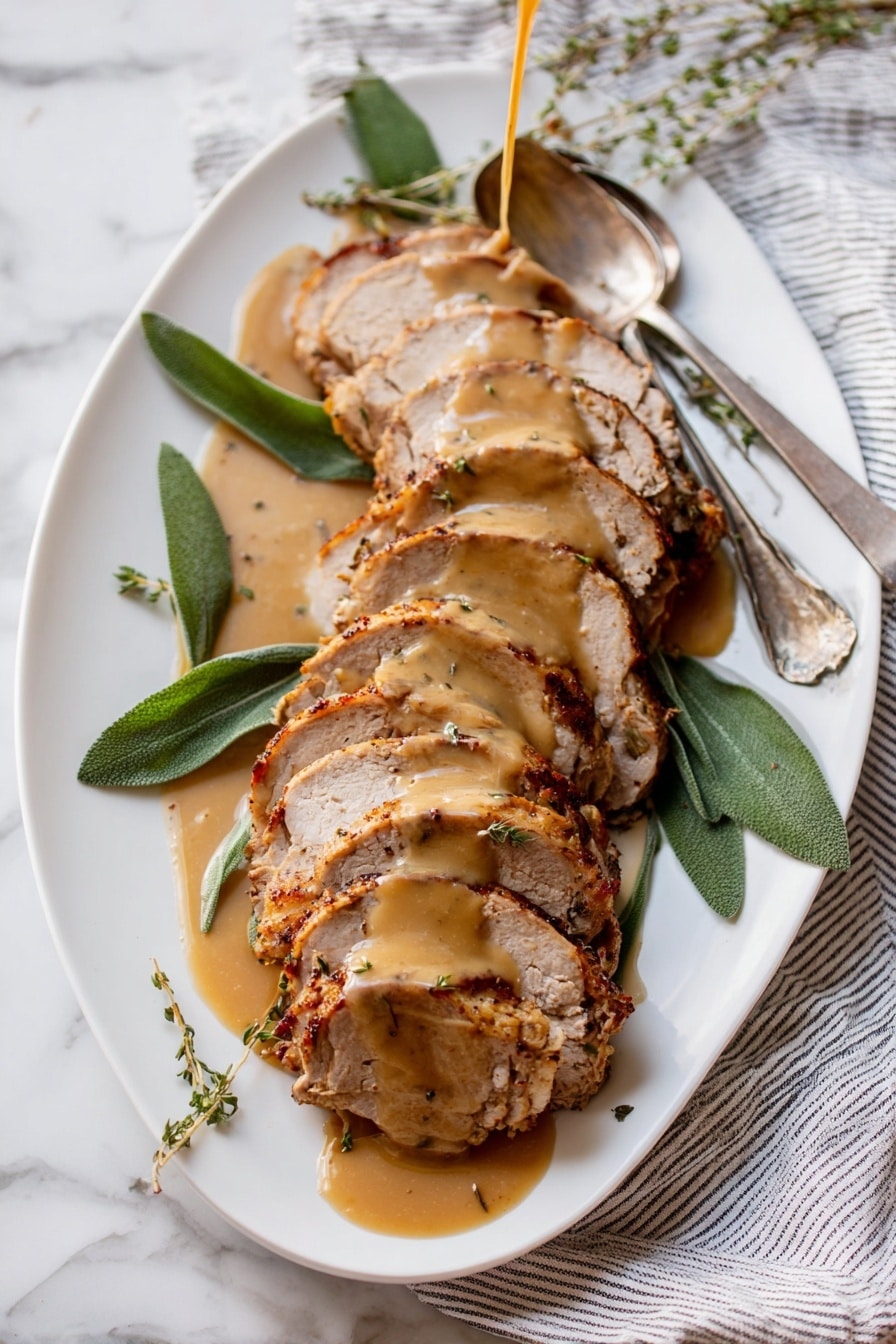 The dish shows a row of thick, brown grilled meat slices with a moist inside, layered on a white oval plate. Each slice has dark grill marks and a creamy light brown sauce drizzled over the top, sparkling a bit with moisture. Below the meat slices are fresh green leaves placed in a bunch for decoration. The background is a white marbled surface, and light red spice powders are sprinkled on parts of the plate. The photo has a close-up view showing the textures clearly. photo taken with an iphone --ar 2:3 --v 7 - Slow Cooker Turkey Breast, Juicy Turkey Breast, Moist turkey recipe, Set-and-Forget Turkey, Easy holiday turkey