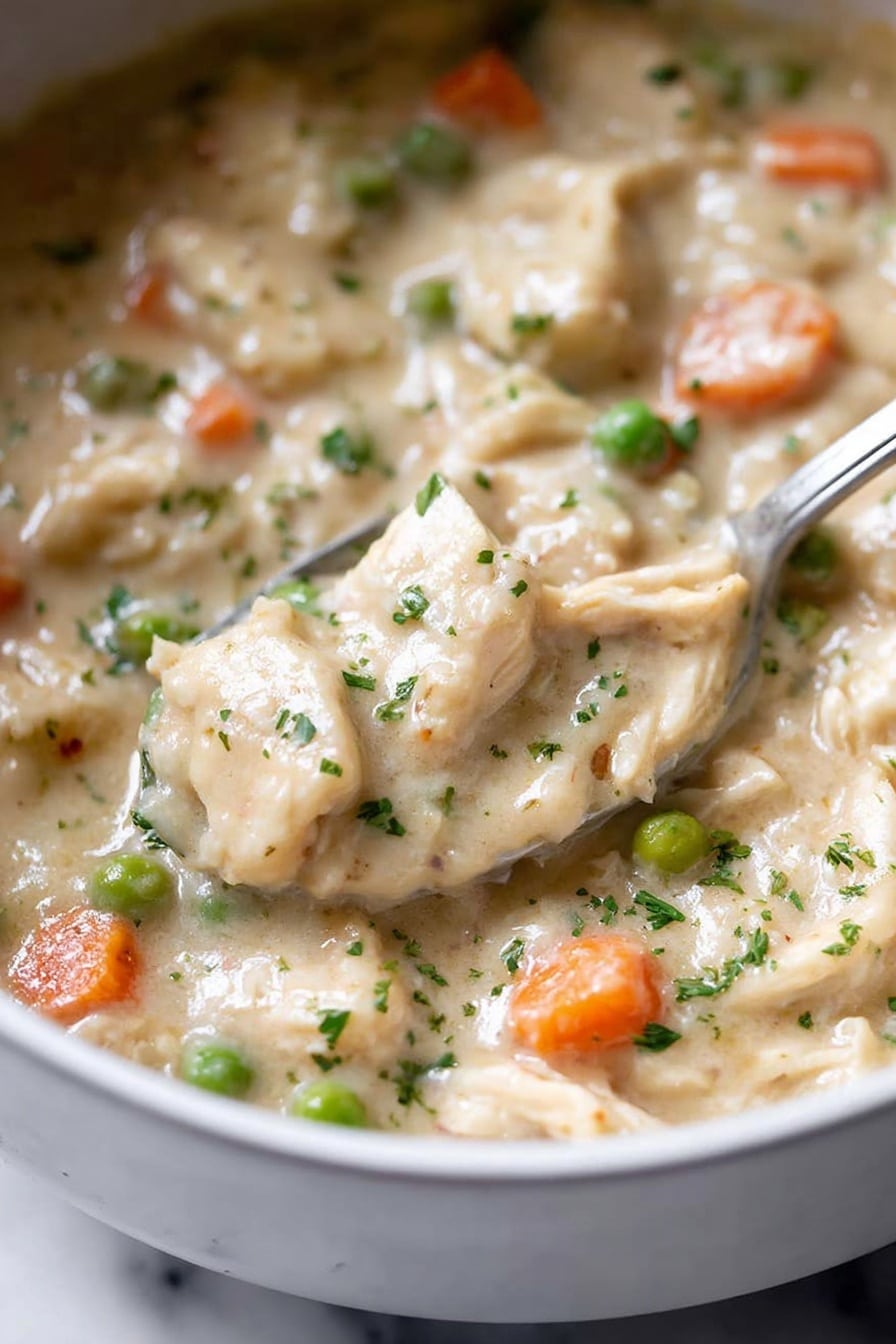 This image shows a close-up view of a creamy chicken and vegetable stew in a white bowl on a white marbled surface. The dish has one main thick layer made of a creamy light beige sauce with tender small chunks of white chicken mixed into it. Scattered throughout the layer are bright orange carrot cubes and light green peas, adding bursts of color and texture. A shiny metal spoon is partially visible within the stew, lifting some of the stew to show the thick texture. Small bits of green parsley are sprinkled on top, giving the dish a fresh appearance. The lighting highlights the creamy and smooth sauce, making the dish look rich and warm. Photo taken with an iphone --ar 2:3 --v 7 - Crock Pot Chicken and Dumplings, slow cooker chicken and dumplings, easy chicken and dumplings recipe, comforting crockpot dinner, hearty chicken stew