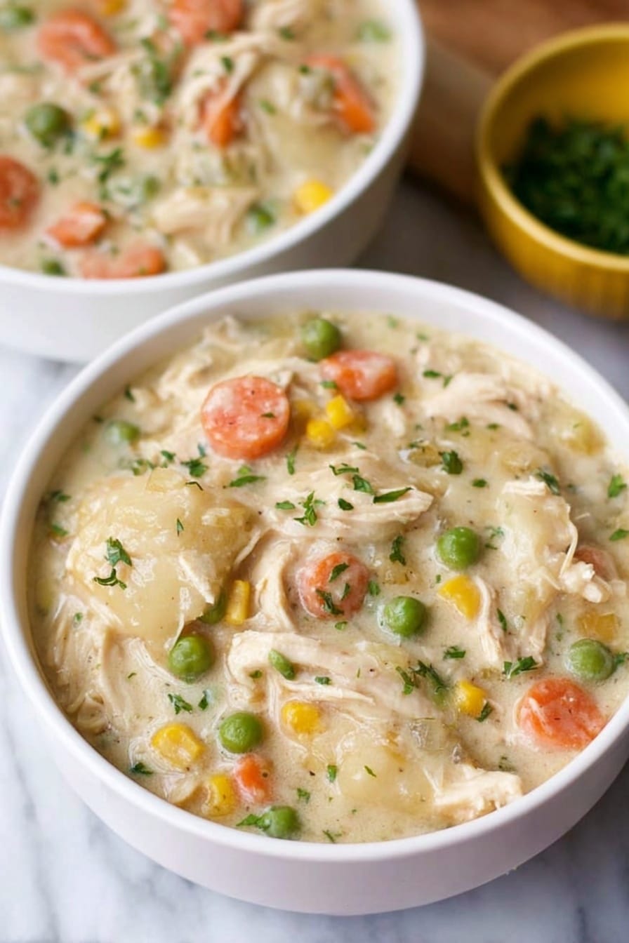 The image shows a white bowl filled with thick, creamy chicken and vegetable stew, placed on a white marbled surface. The dish has a base of pale creamy sauce with visible chunks of light shredded chicken, soft orange carrot pieces, bright green peas, yellow corn, and small bits of translucent onion, all mixed evenly. Small specks of green herbs are sprinkled on top for color and garnish. In the background, there is another white bowl with the same stew, slightly out of focus, and a blurred yellow bowl that appears to contain chopped green herbs. The photo taken with an iphone --ar 2:3 --v 7 - Crock Pot Chicken and Dumplings, slow cooker chicken and dumplings, easy chicken and dumplings recipe, comforting crockpot dinner, hearty chicken stew