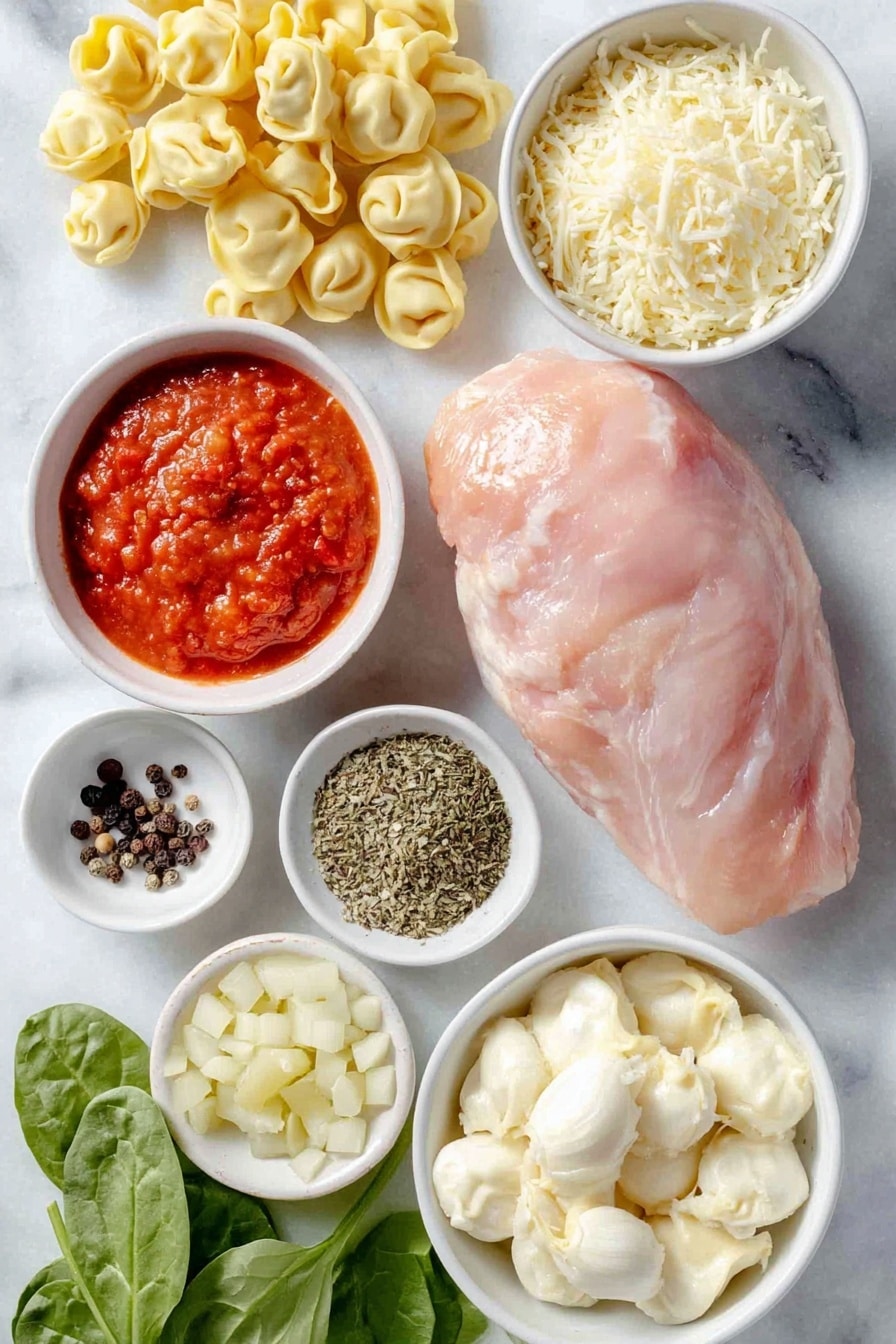 Flat lay of a whole raw boneless, skinless chicken breast, a small mound of diced yellow onion, three cloves of fresh garlic, a simple white bowl filled with rich red tomato paste, a white bowl with vibrant diced fresh tomatoes, a few whole black peppercorns scattered near a tiny pinch of coarse salt, a small pile of dried thyme, oregano, and Italian seasoning herbs, a small white bowl of pale golden cornstarch powder, a white bowl of creamy heavy cream, a portion of fresh cheese tortellini pasta, a small heap of finely shredded parmesan cheese, and a handful of fresh bright green baby spinach leaves all arranged symmetrically on a clean white marble surface, soft natural light, photo taken with an iPhone, professional food photography style, fresh ingredients, white ceramic bowls, no bottles, no duplicates, no utensils, no packaging --ar 2:3 --v 7 --p awthu7i m7354615311229779997 - Creamy Crock Pot Chicken Tortellini Soup, slow cooker chicken tortellini soup, cheesy chicken tortellini stew, easy chicken tortellini soup, comforting slow cooker soup