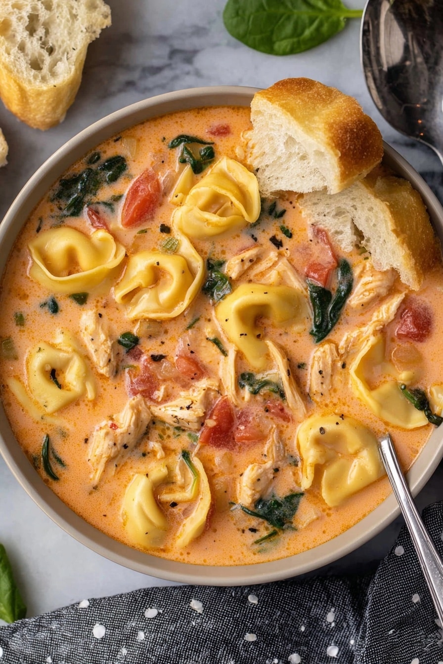 A bowl filled with creamy soup showing large, yellow tortellini pasta pieces floating in a light orange broth with bits of red tomatoes, shredded light brown chicken, and small green spinach leaves evenly mixed throughout. The bowl is held by two woman's hands above a white marbled surface with a gray cloth with white polka dots and torn pieces of crusty bread beside it. photo taken with an iphone --ar 2:3 --v 7 - Creamy Crock Pot Chicken Tortellini Soup, slow cooker chicken tortellini soup, cheesy chicken tortellini stew, easy chicken tortellini soup, comforting slow cooker soup