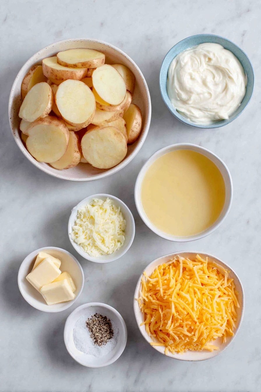 Flat lay of peeled russet potatoes sliced into thin rounds, a small white bowl of heavy whipping cream, a small white bowl with golden chicken broth, a small white bowl filled with minced fresh garlic, a small white bowl of shredded pale parmesan cheese, a small white bowl heaped with bright orange shredded cheddar cheese, a small white bowl each with coarse salt and freshly ground black pepper placed symmetrically, all arranged on a clean white marble surface, soft natural light, photo taken with an iPhone, professional food photography style, fresh ingredients, white ceramic bowls, no bottles, no duplicates, no utensils, no packaging --ar 2:3 --v 7 --p awthu7i m7354615311229779997 - Slow Cooker Scalloped Potatoes, cheesy potato side dish, easy slow cooker potatoes, creamy scalloped potatoes, family-friendly potato recipes