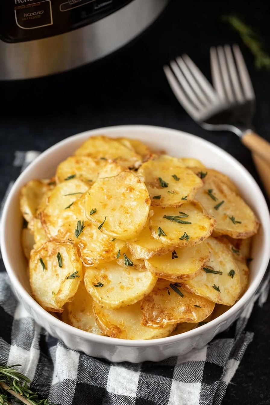 A white bowl filled with a one-layer pile of golden brown potato slices, each slice showing a slight crisp edge and a soft, cooked center, sprinkled with small bits of green herbs. The bowl sits on a dark surface with a black-and-white checkered cloth and two silver forks placed beside it. The background includes part of a metallic slow cooker. The photo taken with an iphone --ar 2:3 --v 7 - Slow Cooker Scalloped Potatoes, cheesy potato side dish, easy slow cooker potatoes, creamy scalloped potatoes, family-friendly potato recipes