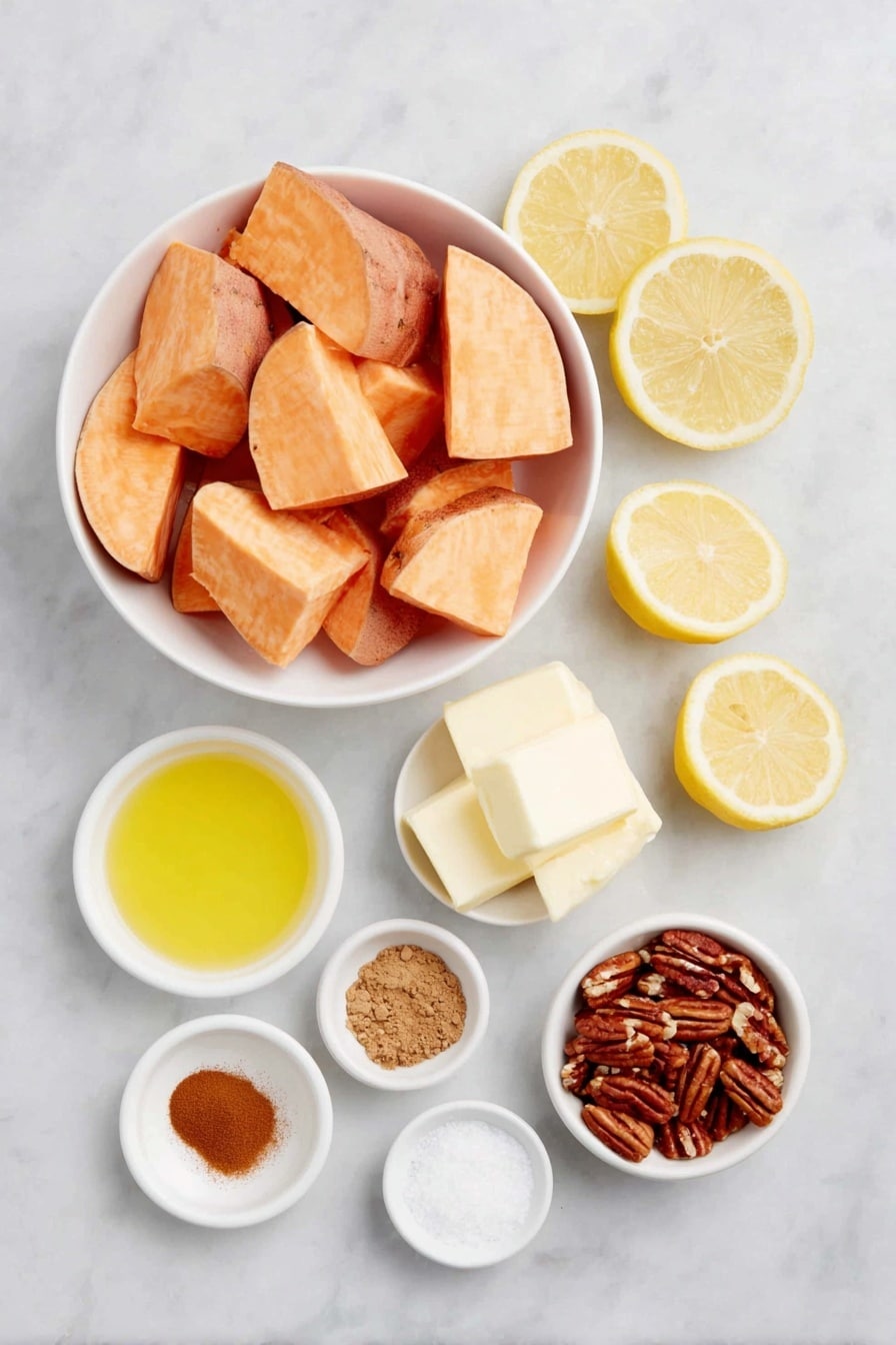 Flat lay of peeled sweet potato chunks, a small white bowl of water, a small white bowl of whole milk, four pieces of room temperature butter, a small white bowl of pure maple syrup, a few fresh lemon wedges with a small white bowl of lemon juice, a small white bowl of vanilla extract, a small white bowl of salt, a small white bowl of ground cinnamon, a small white bowl of ground nutmeg, a small white bowl of ground ginger, a small white bowl of toasted chopped pecans placed on a clean white marble surface, soft natural light, photo taken with an iPhone, professional food photography style, fresh ingredients, white ceramic bowls, no bottles, no duplicates, no utensils, no packaging --ar 2:3 --v 7 --p awthu7i m7354615311229779997 - Slow Cooker Sweet Potato Casserole with Maple-Pecan Topping, sweet potato casserole easy, holiday sweet potato side dish, cozy casserole recipes, maple pecan topping dessert