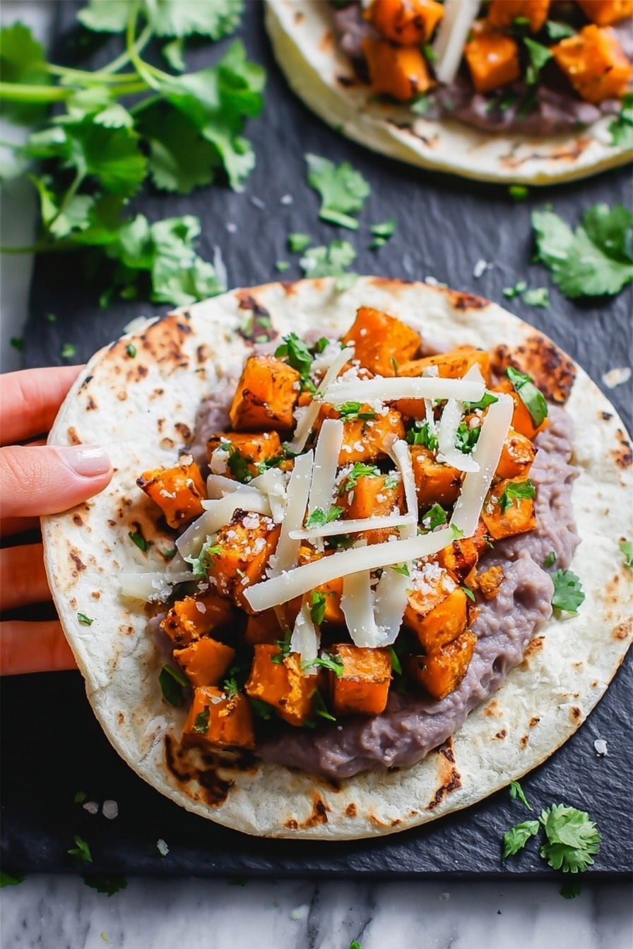 Three soft corn tortillas lie side by side on a black slate board over a white marbled surface. Each tortilla is spread with a layer of mashed purple beans, topped with an even layer of bright orange cubed roasted sweet potatoes mixed with small green herb bits. On top of these, thin strips of white cheese are scattered along with fresh green cilantro leaves. To the right of the board are more orange sweet potato cubes and a whole sweet potato, with sprigs of fresh cilantro nearby. A dark blue textured cloth is partially visible on the left side. photo taken with an iphone --ar 2:3 --v 7 - Black Bean Sweet Potato Tacos, vegetarian taco recipes, healthy taco ideas, meatless dinner recipes, easy vegan tacos