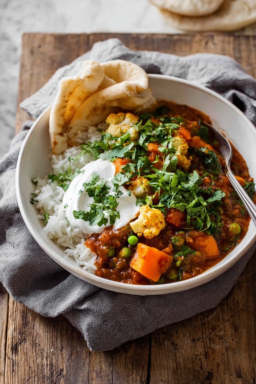 A white bowl sits on a gray cloth over a wooden table with a white marbled background. Inside the bowl, the bottom layer is plain steamed white rice. On top of the rice, there is a thick vegetable curry with visible chunks of orange sweet potatoes, cauliflower florets, green peas, and wilted spinach mixed in a rich brownish-red sauce. A dollop of white yogurt is placed on one side of the curry, and fresh green chopped herbs are sprinkled over the dish. Two folded pieces of white flatbread are tucked into the side of the bowl, leaning against the curry. A spoon rests inside the bowl, positioned towards the back. Photo taken with an iphone --ar 2:3 --v 7 - Vegetable Curry, Healthy Vegetable Curry, Vegan Vegetable Curry, Easy Vegetable Curry, Wholesome Vegetable Curry