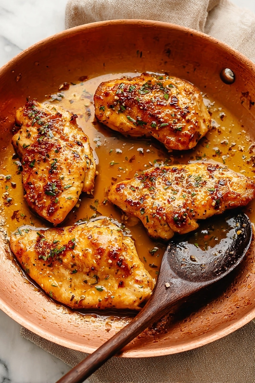 Four pieces of golden brown cooked chicken sit in a shallow white pan with shiny sauce glistening on and around them. The chicken is seasoned with small green herbs and red spices, and a dark wooden spoon rests inside the pan. The pan is placed on a light brown cloth with a textured white marbled surface underneath. photo taken with an iphone --ar 2:3 --v 7 - Maple Mustard Glazed Chicken, Chicken glaze with maple and mustard, Easy baked chicken with maple and mustard, Tender chicken with flavorful glaze, One-pan chicken dinner