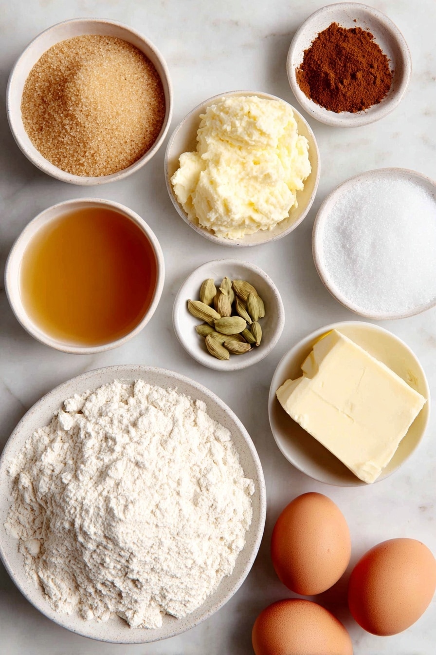 Flat lay of a small pile of golden light brown sugar crystals, a small heap of fine white granulated sugar, a small mound of warm reddish-brown ground cinnamon powder, a single small white ceramic bowl filled with amber-colored apple cider, two large brown eggs with smooth shells, a small white ceramic bowl with melted pale yellow unsalted butter, a neat pile of off-white all-purpose flour, a tiny white ceramic bowl containing fine white baking powder, a few whole green cardamom pods, a small white ceramic bowl with ground warm brown nutmeg powder, a block of pale yellow butter, and a small white ceramic bowl filled with clear golden peanut oil, all arranged with perfect symmetry on a simple white ceramic plate, placed on a clean white marble surface, soft natural light, photo taken with an iPhone, professional food photography style, fresh ingredients, white ceramic bowls, no bottles, no duplicates, no utensils, no packaging --ar 2:3 --v 7 --p awthu7i m7354615311229779997 - Apple Cider Donuts, autumn donut recipes, cozy fall treats, crispy baked donuts, homemade apple cider donuts