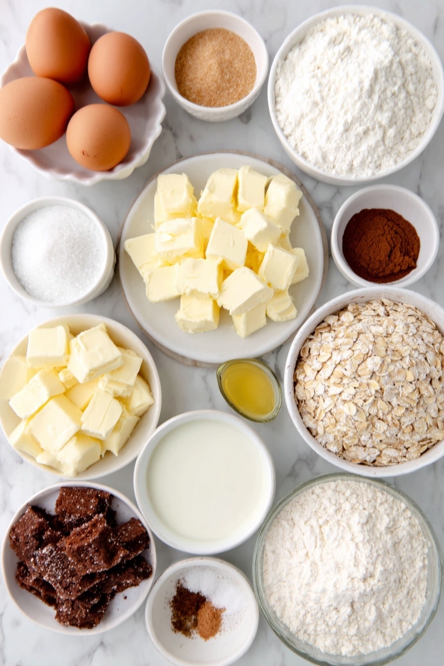 Flat lay of peeled and diced fresh apples in a simple white ceramic bowl, a few whole brown eggs with clean shells, small white ceramic bowls containing light brown sugar, granulated sugar, and powdered sugar, chunks of cold salted butter and slices of softened salted butter arranged on a white ceramic plate, a small white bowl of warm milk, a small white bowl with golden melted butter, a small white bowl filled with cinnamon powder, small white bowls each with nutmeg, ground cloves, and allspice powders, a few sprigs of fresh vanilla bean pods, a small white bowl of corn starch powder, a small white bowl of water, a small white bowl with heavy cream, a small white ceramic bowl filled with old-fashioned whole rolled oats, a small white bowl with lemon juice, and a small white bowl of apple cider — all arranged with perfect symmetry and realistic proportions, fresh and natural, placed on a clean white marble surface, soft natural light, photo taken with an iPhone, professional food photography style, fresh ingredients, white ceramic bowls, no bottles, no duplicates, no utensils, no packaging --ar 2:3 --v 7 --p awthu7i m7354615311229779997 - Apple Pie Cinnamon Rolls with Apple Cider Caramel Sauce and Cream Cheese Frosting, apple cinnamon roll recipe, fall dessert recipes, cinnamon rolls with caramel, apple pie flavored baked goods