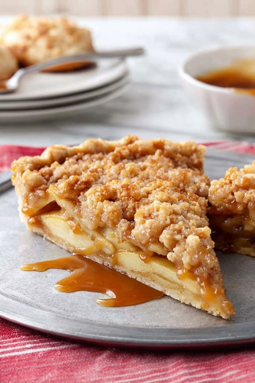 A single slice of apple crumble pie sits on a round silver tray with the rest of the pie still in the background. The pie has three visible layers: a bottom golden-brown crust that looks firm and slightly crunchy, a middle layer filled with soft, cooked apple slices that are pale yellow and tender, and a top layer of crumbly streusel that is light brown and uneven in texture. A shiny caramel sauce is drizzled on top, pooling slightly on the tray around the slice. In the background, there is a white bowl with a spoon containing more caramel sauce and a white plate with some pastries. The scene is set on a white marbled surface with a red and white striped cloth to the side. Photo taken with an iphone --ar 2:3 --v 7 - Apple Dessert Pizza with Cinnamon Apples, Cream Cheese Topping, and Streusel, dessert pizza with apples, cinnamon apple dessert, easy apple dessert, apple streusel pizza, warm apple desserts