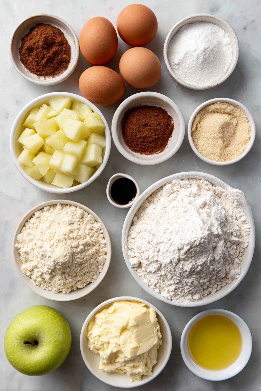 Flat lay of a small mound of all-purpose flour, a small mound of whole wheat flour, a small mound of almond flour, a small pile of light brown sugar, a small bowl of cinnamon powder, a small bowl of apple pie spice, two whole large brown eggs with clean shells, a few peeled and diced fresh apple cubes, a small bowl of creamy coconut oil, a small bowl of rich avocado oil, a small bowl of unsweetened almond milk, a small bowl of unsweetened applesauce, a small bowl of fine powdered sugar, a small bowl of golden cane sugar, a small bowl of vanilla extract, a small bowl of sea salt, and a small bowl of baking powder — all ingredients fresh and natural, each in simple white ceramic bowls or directly arranged, perfectly symmetrical and balanced, placed on a clean white marble surface, soft natural light, photo taken with an iPhone, professional food photography style, fresh ingredients, white ceramic bowls, no bottles, no duplicates, no utensils, no packaging --ar 2:3 --v 7 --p awthu7i m7354615311229779997 - Cinnamon Apple Muffins with Crumble Topping and Glaze, apple cinnamon muffins, homemade apple muffins, fall breakfast muffins, easy apple muffin recipe