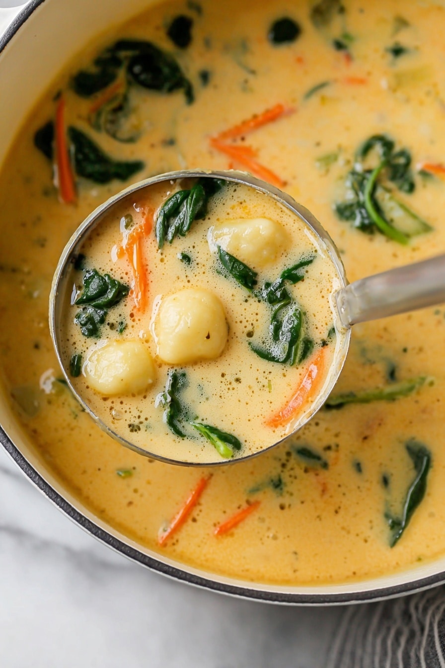 A creamy soup fills a white pot, shown up close with a metal ladle holding a scoop. The soup has a light orange color with visible soft yellow dumplings, shredded bright orange carrots, and fresh dark green spinach leaves scattered throughout. The texture looks smooth and thick, with small bubbles on the surface. The white marbled surface beneath adds a clean and fresh feel. photo taken with an iphone --ar 2:3 --v 7 - Cheesy Gnocchi Soup, creamy gnocchi soup, comforting gnocchi recipe, easy cheesy soup, hearty gnocchi dish