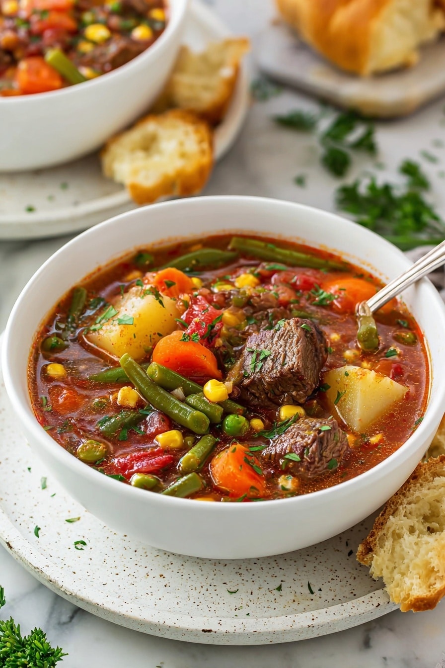 The image shows a white bowl filled with a colorful beef and vegetable stew placed on a white speckled plate, all set on a white marbled surface. The stew contains visible layers of dark brown beef chunks, bright orange carrot slices, pale yellow potato cubes with red skin edges, green beans, green peas, yellow corn kernels, and red tomato pieces, all in a reddish-brown broth. The stew is topped with small green herb bits scattered over the surface. Around the bowl are pieces of torn bread with a golden crust. In the background, there is another white bowl of the same stew, slightly out of focus, and some green parsley sprigs appear on the white marbled surface next to the bowl. Photo taken with an iphone --ar 2:3 --v 7 - Vegetable Beef Soup, hearty vegetable beef soup, easy beef vegetable soup, wholesome beef soup, flavorful vegetable beef stew