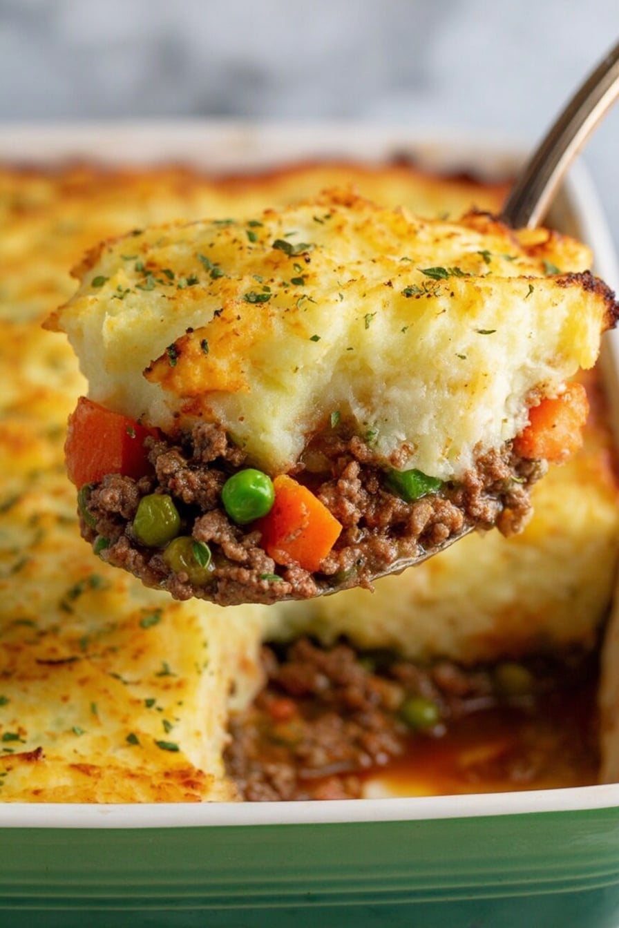 This image shows a white rectangular baking dish filled with shepherd's pie. The top layer is golden brown mashed potatoes with baked slightly crispy, uneven spots and small green herbs sprinkled on top. One corner of the dish is missing potatoes, revealing a rich brown meat layer underneath with pieces of ground meat, small orange carrots, and green peas in a thick sauce. A silver spoon rests inside the dish, scooping some meat and vegetables. The dish sits on a white marbled surface photo taken with an iphone --ar 2:3 --v 7 - Hearty Shepherd’s Pie with Lamb and Vegetables, classic shepherd’s pie recipe, comfort food lamb casserole, easy shepherd’s pie dinner, savory lamb and vegetable pie