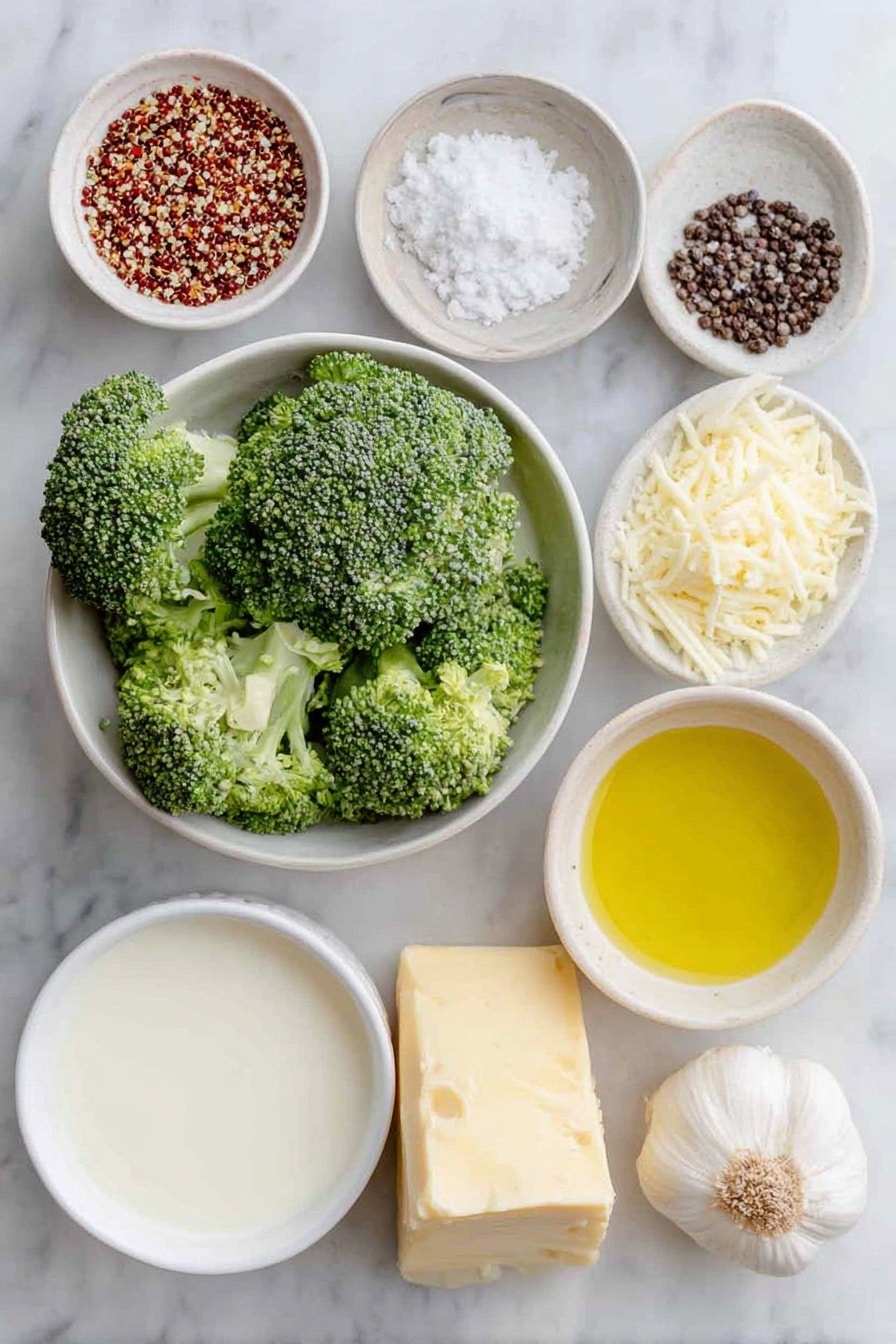 Flat lay of a small mound of rinsed tri-color quinoa grains, fresh bright green broccoli florets with some cut in half showing texture, a small white ceramic bowl of golden olive oil, a handful of coarse sea salt crystals scattered neatly, a small white ceramic bowl filled with freshly ground black peppercorns, a small white ceramic bowl holding vibrant red pepper flakes, freshly grated pale orange cheddar cheese loosely piled, a small white ceramic bowl of creamy low-fat milk, a small white ceramic bowl with a pat of smooth butter, one whole clove of fresh garlic, and a slice of rustic whole wheat bread arranged in perfect symmetry, placed on a clean white marble surface, soft natural light, photo taken with an iPhone, professional food photography style, fresh ingredients, white ceramic bowls, no bottles, no duplicates, no utensils, no packaging --ar 2:3 --v 7 --p awthu7i m7354615311229779997 - Better Broccoli Casserole, broccoli casserole with cheese, healthy broccoli bake, easy broccoli side dish, cheesy quinoa broccoli casserole