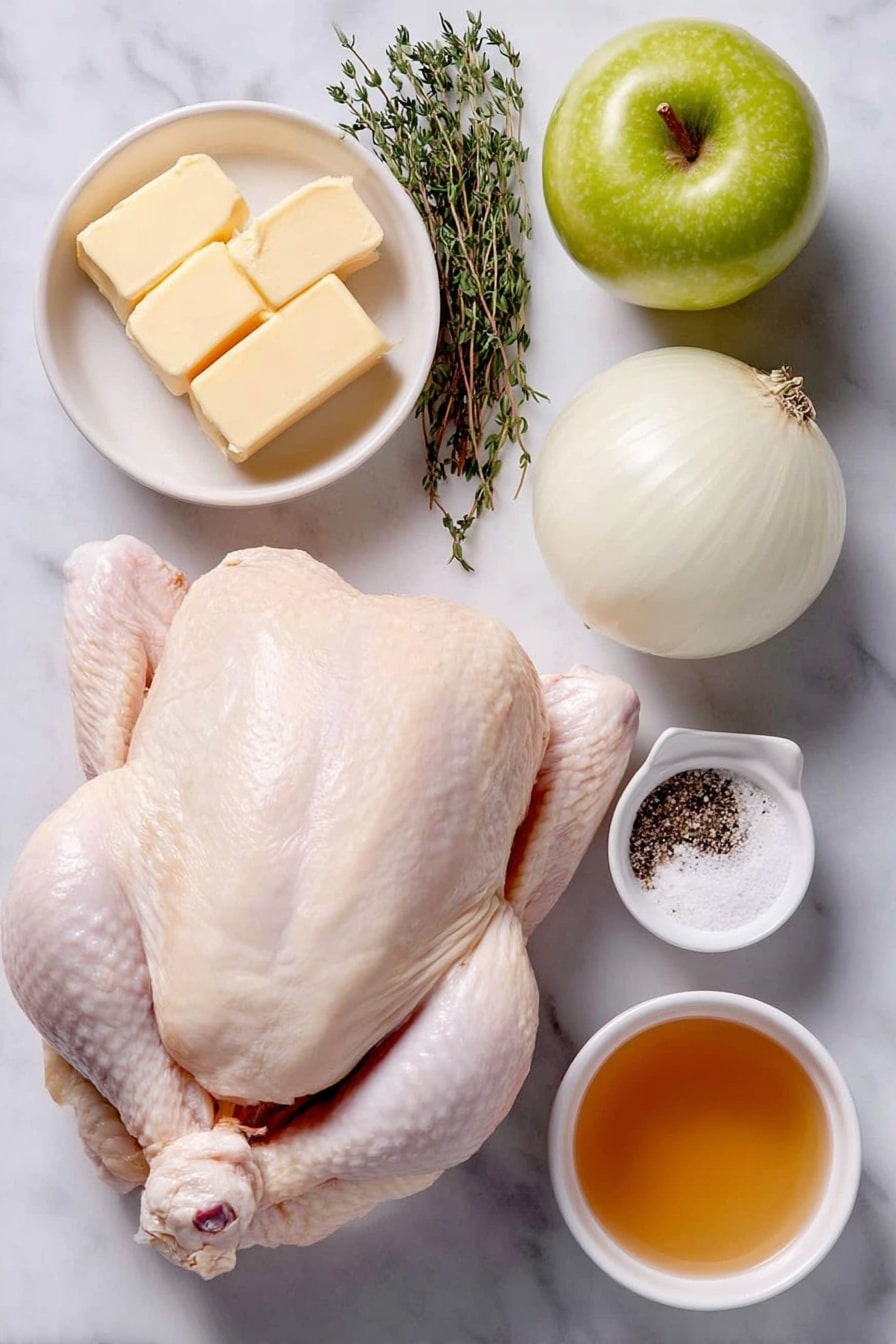 Flat lay of a whole raw chicken with smooth pale skin, a quartered Granny Smith apple showing crisp green flesh, a quartered small sweet onion with fresh white and purple layers, several sprigs of fresh green thyme arranged neatly, a small white ceramic bowl holding softened golden butter, a small white ceramic bowl filled with amber apple cider liquid, and a pinch of coarse salt and freshly ground black pepper arranged symmetrically on a simple white ceramic dish, all placed on a clean white marble surface, soft natural light, photo taken with an iPhone, professional food photography style, fresh ingredients, white ceramic bowls, no bottles, no duplicates, no utensils, no packaging --ar 2:3 --v 7 --p awthu7i m7354615311229779997 - Apple Cider Glazed Roasted Chicken, roasted chicken with apple cider glaze, juicy oven-roasted chicken recipe, flavorful roasted chicken, easy comfort food dinner
