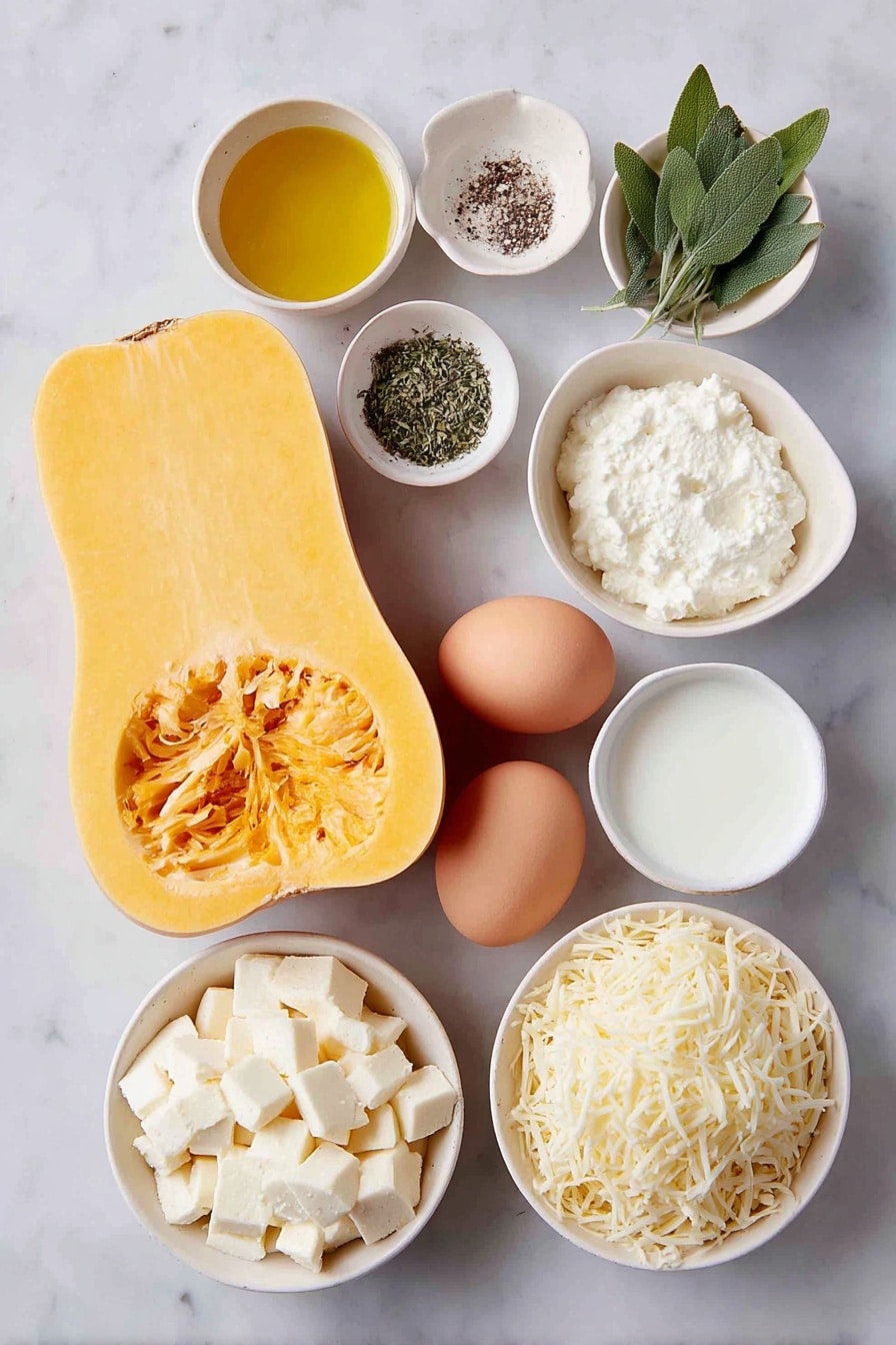 Flat lay of a large peeled butternut squash cut into half-inch cubes, a small white ceramic bowl of olive oil, a small white ceramic bowl with dried sage, a small white ceramic bowl with dried thyme, a small white ceramic bowl of salt, a small white ceramic bowl of black pepper, a small white ceramic bowl of milk, a small white ceramic bowl filled with ricotta cheese, a small white ceramic bowl of grated mozzarella cheese, one whole uncracked brown egg, two whole garlic cloves, a few sprigs of fresh chopped basil arranged loosely, a stack of uncooked lasagna sheets fanned out neatly, placed on a clean white marble surface, soft natural light, photo taken with an iPhone, professional food photography style, fresh ingredients, white ceramic bowls, no bottles, no duplicates, no utensils, no packaging --ar 2:3 --v 7 --p awthu7i m7354615311229779997 - Butternut Squash Lasagna, vegetarian butternut squash lasagna, healthy butternut squash lasagna, creamy squash lasagna, fall comfort food lasagna