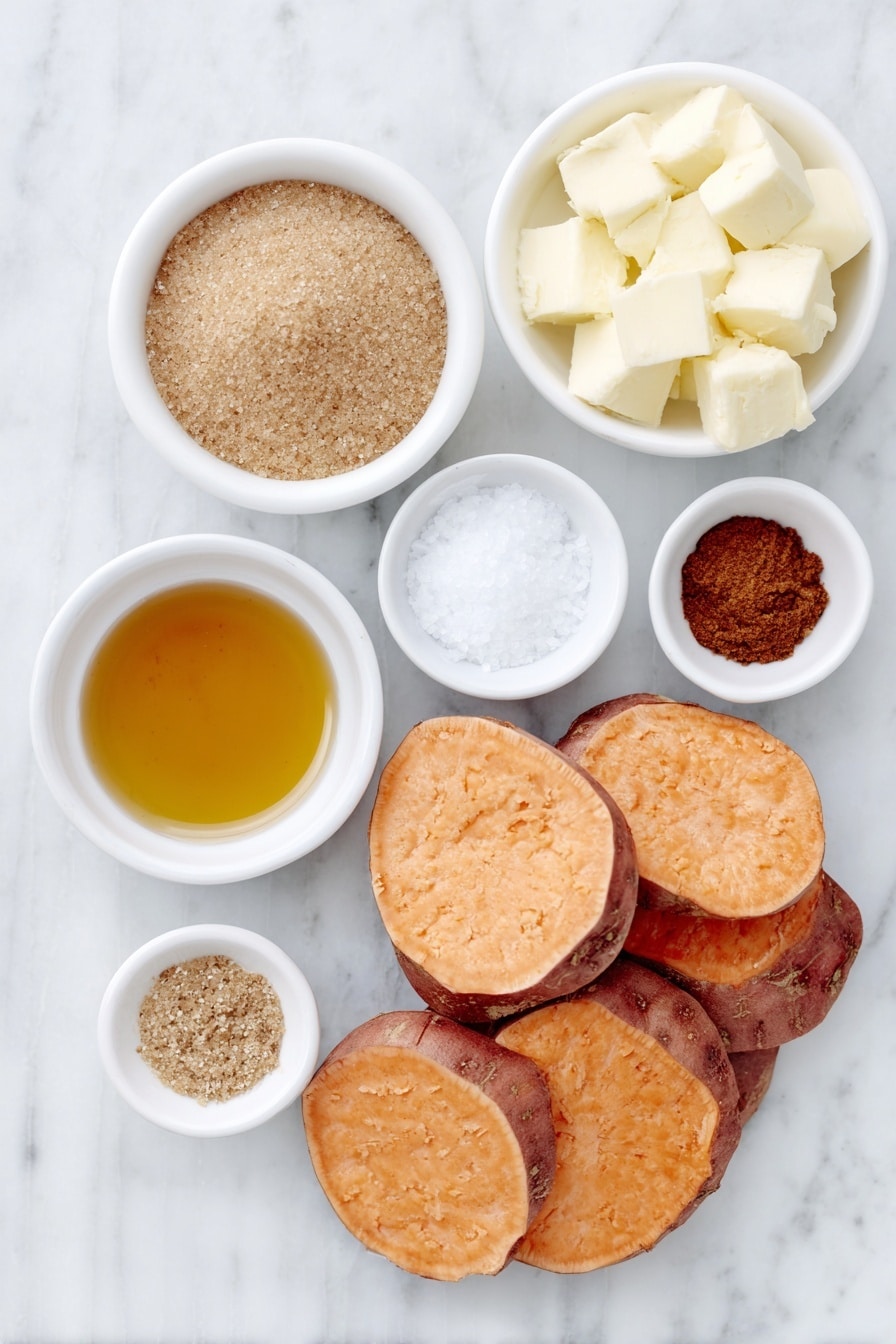 Flat lay of peeled sweet potatoes cut into thick rounds, a small white bowl of light brown sugar, a small white bowl with melted golden butter, a small white bowl of amber maple syrup, a small white bowl of coarse kosher salt, a small white bowl with ground cinnamon powder, a small white bowl of ground ginger, a small white bowl with a pinch of fine nutmeg powder, a small white bowl containing clear bourbon liquid, all arranged in perfect symmetry on a clean white marble surface, soft natural light, photo taken with an iPhone, professional food photography style, fresh ingredients, white ceramic bowls, no bottles, no duplicates, no utensils, no packaging --ar 2:3 --v 7 --p awthu7i m7354615311229779997 - Sweet Potatoes with Bourbon Glaze, bourbon glazed sweet potatoes, holiday side dish recipes, caramelized sweet potatoes, easy festive side dishes